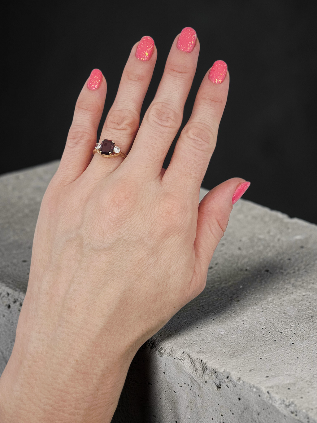 Solid 10K Yellow Gold Ring with Emerald-Cut Ruby & White Topaz Accents – Size 7