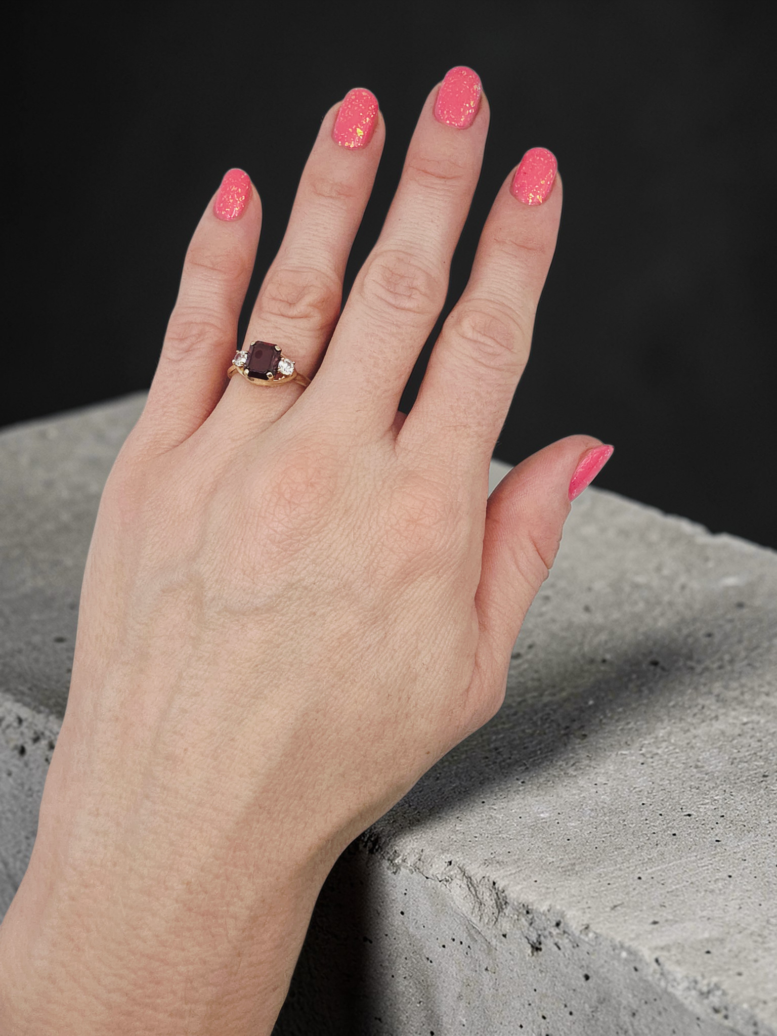 Solid 10K Yellow Gold Ring with Emerald-Cut Ruby & White Topaz Accents – Size 7