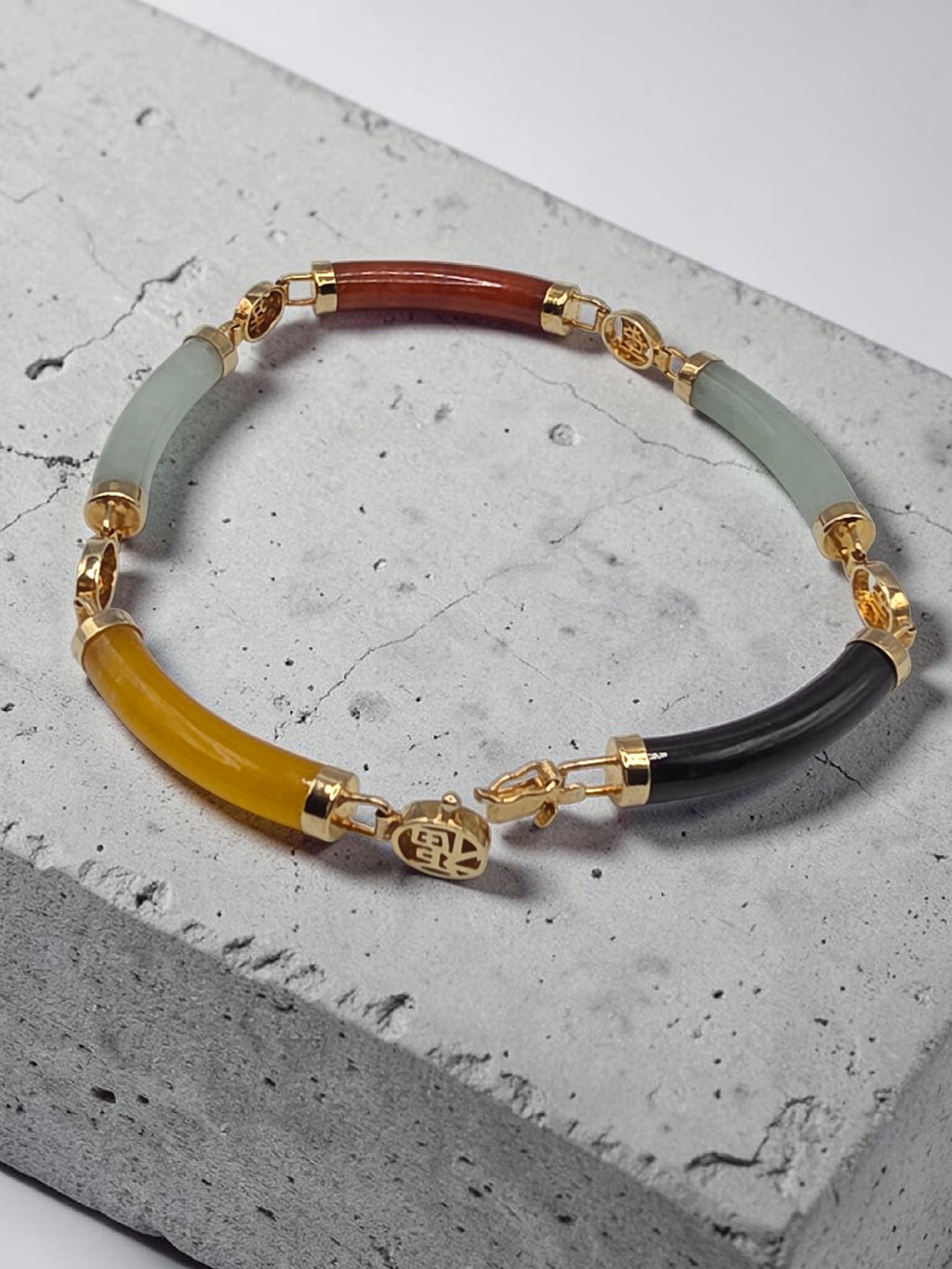 Rainbow Multi Color Jade Sterling Silver 18K Gold Vermeil Bracelet 8 Inch