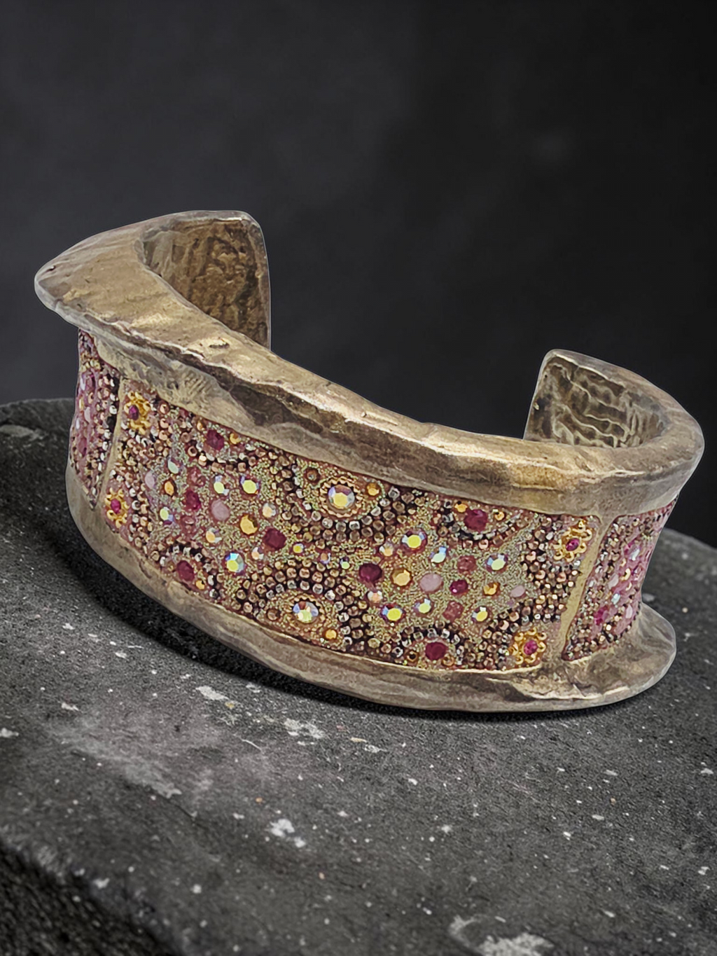925 Sterling Silver Gold Vermeil Cuff Bracelet with Crystal Beadwork