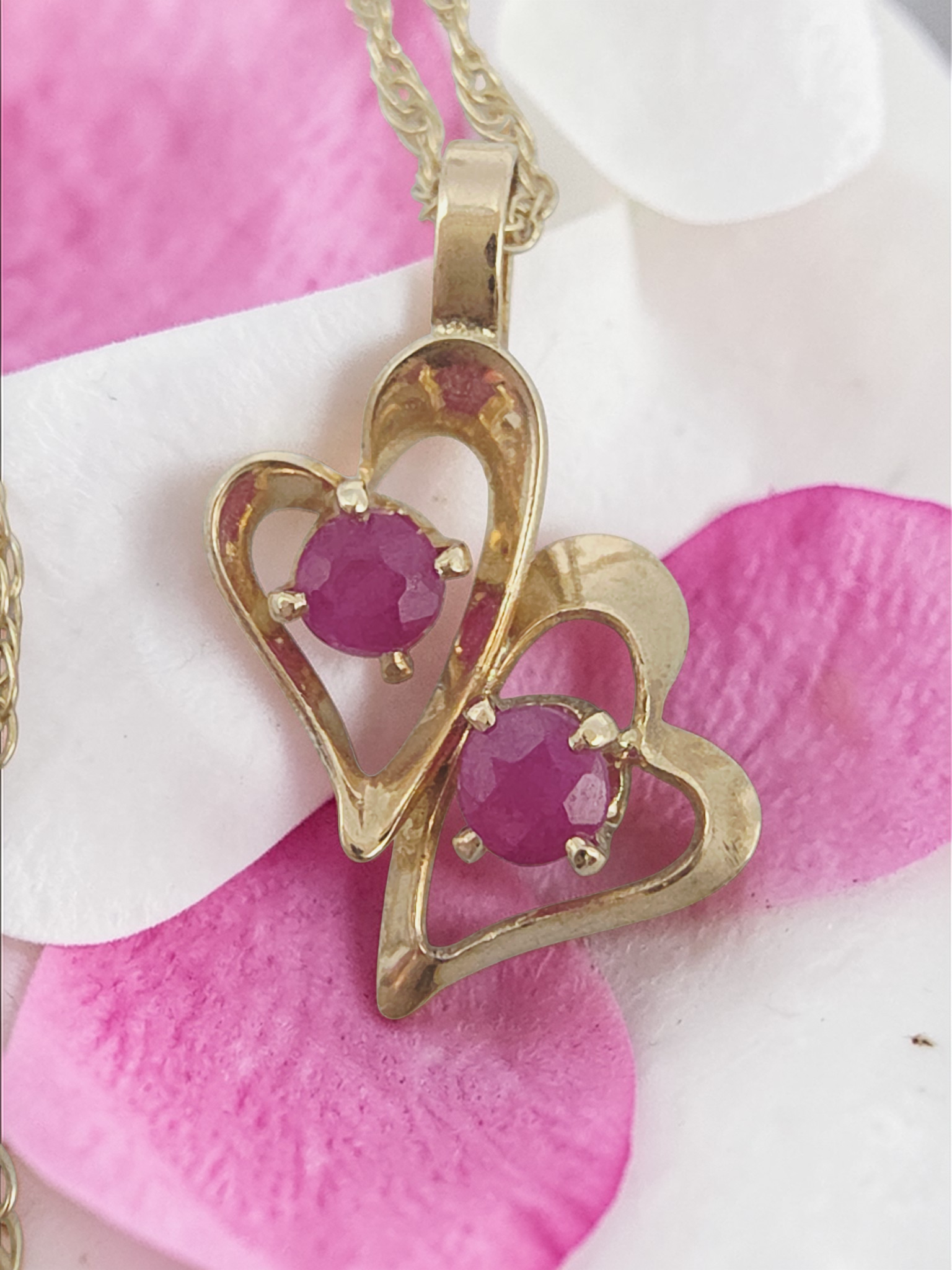 Solid 14K Yellow Gold Double Ruby Heart Pendant Necklace - 18 Inch