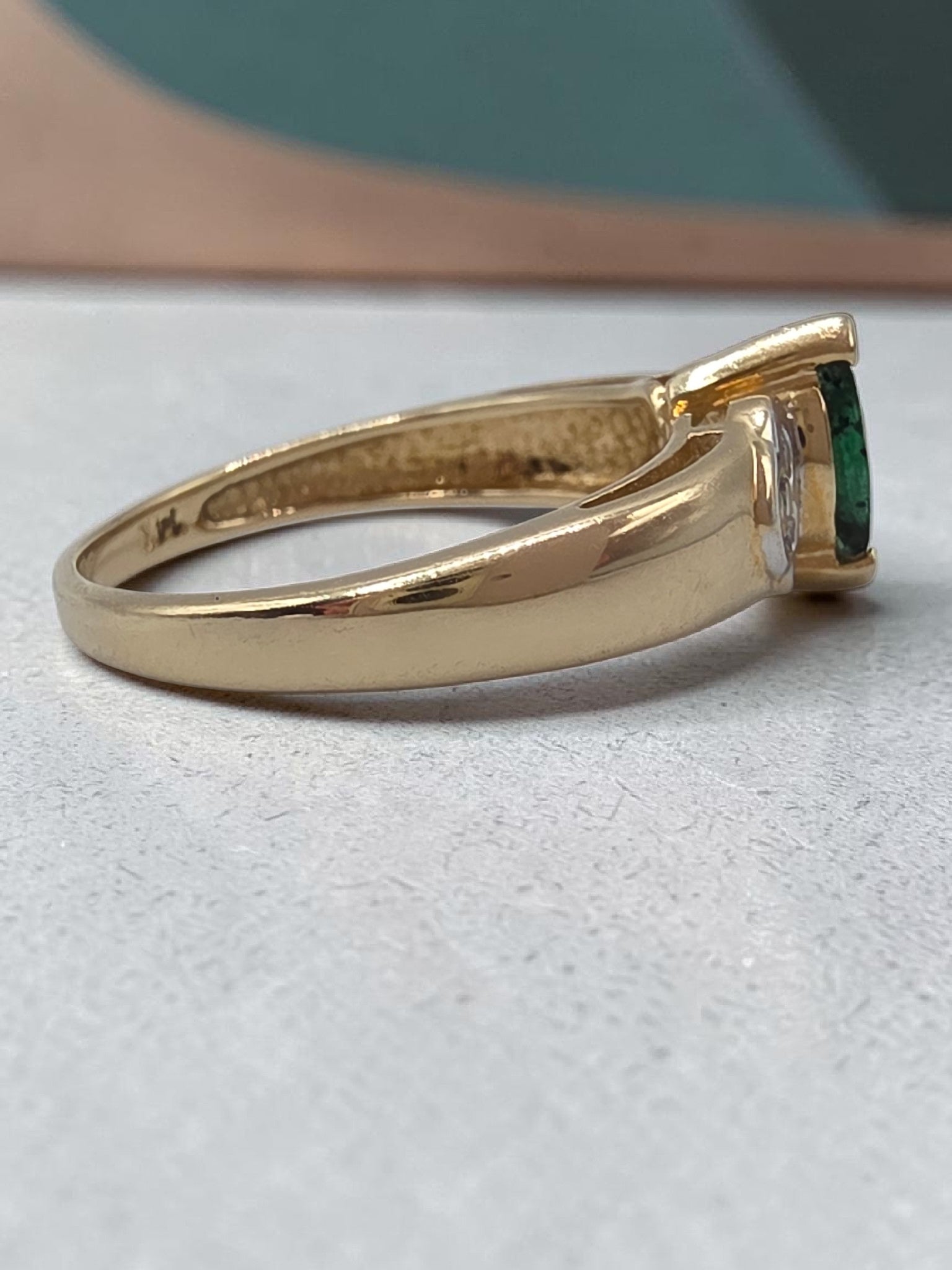 Vintage Black Hills Gold CCO Solid 14K Marquise Emerald Diamond Ring Size 6.75