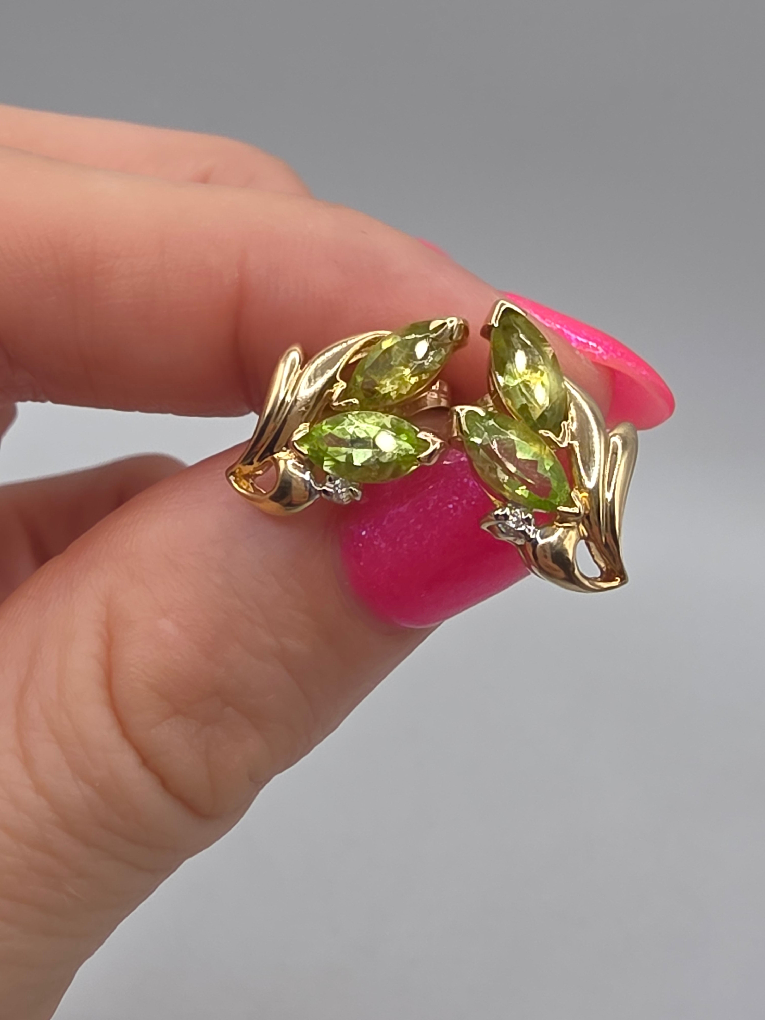 Solid 14K Yellow Gold Marquise Peridot and Diamond Floral Stud Earrings