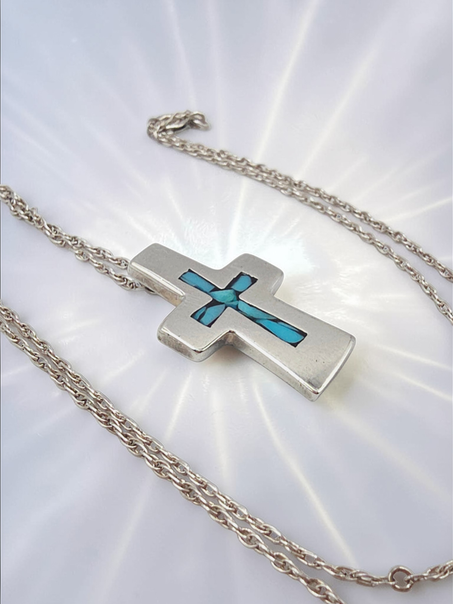 925 Sterling Silver Cross with Blue Inlay Pendant Necklace – 19 Inch