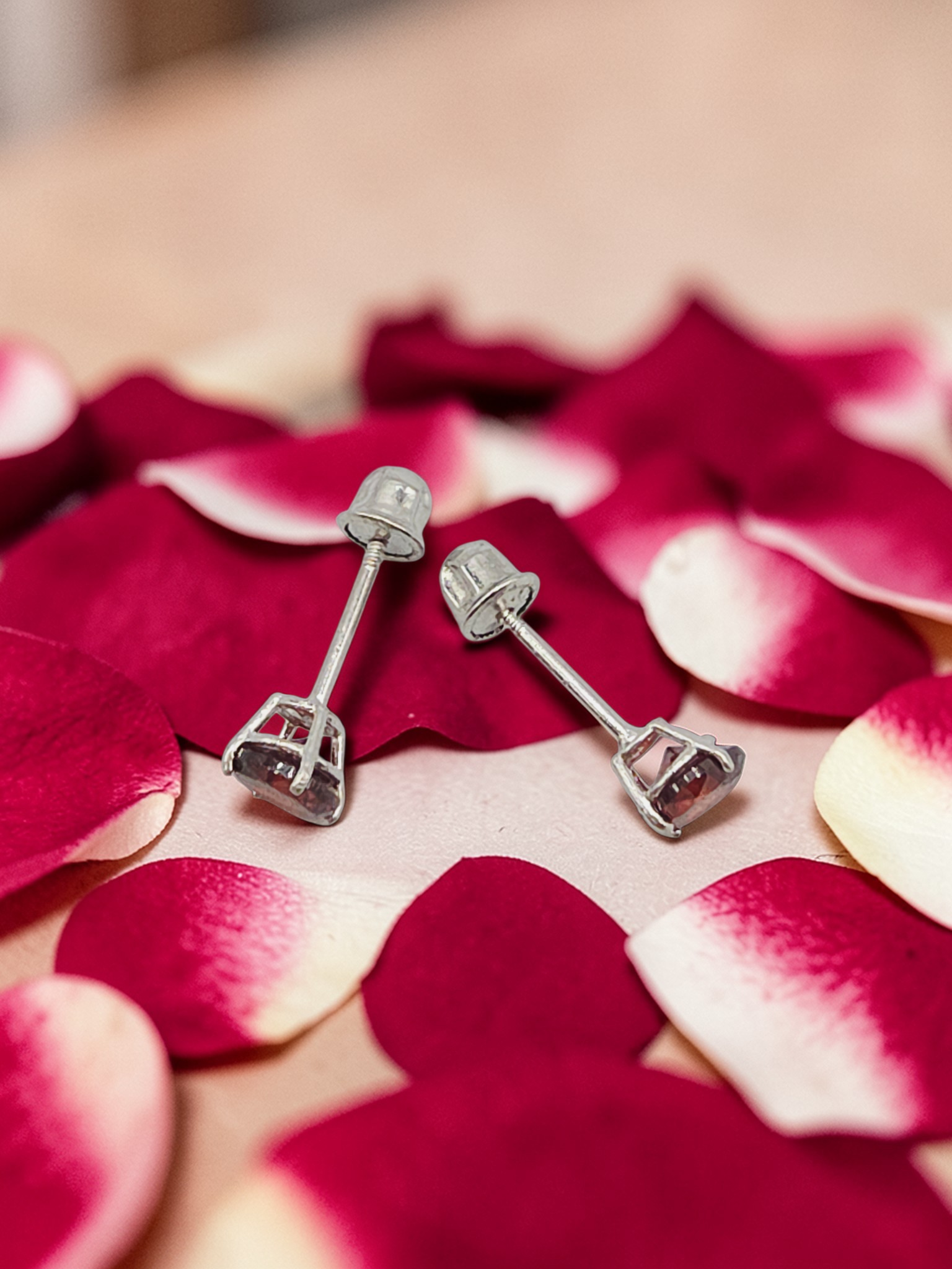 Solid 14K White Gold Garnet Stud Earrings - Screwbacks