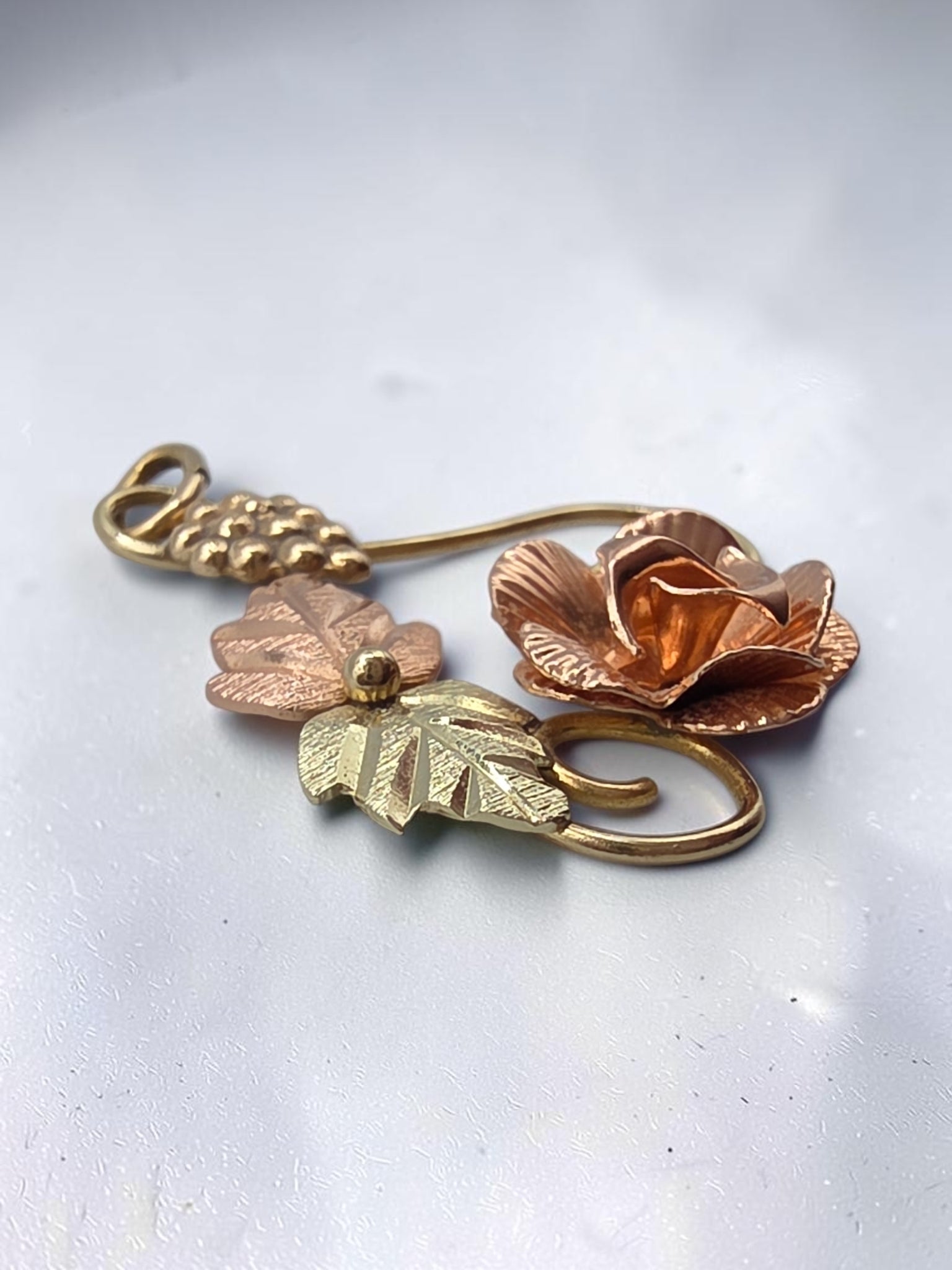 Vintage Black Hills Solid 10K Tri Color Gold Rose Flower Grape Leaf Pendant