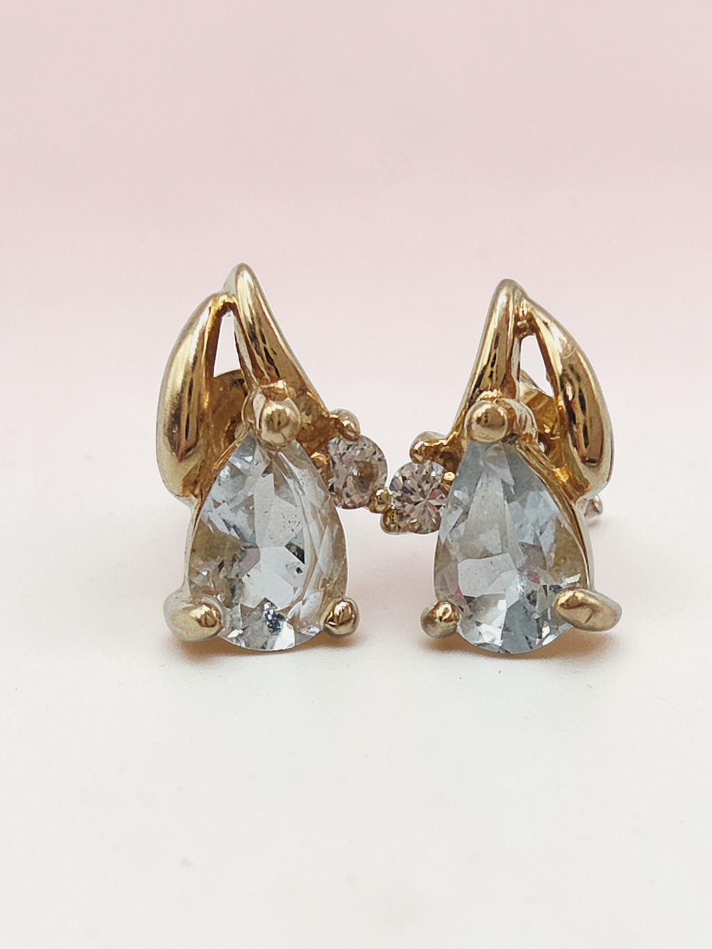 Solid 10K Yellow Gold Pear Cut Aquamarine Stud Earrings with CZ Accent