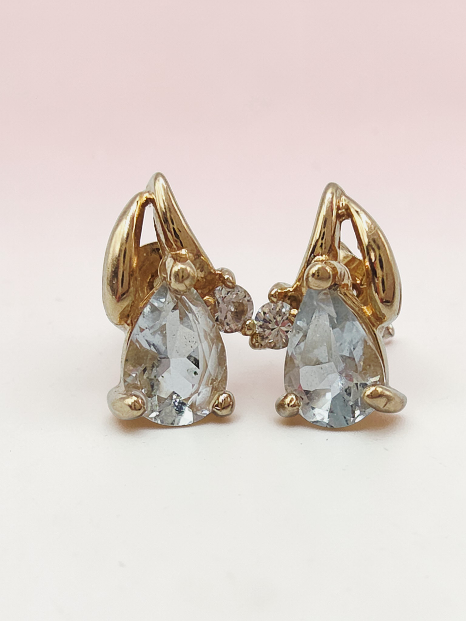 Solid 10K Yellow Gold Pear Cut Aquamarine Stud Earrings with CZ Accent