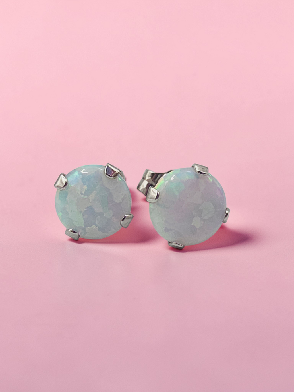 Solid 10K White Gold Opal Stud Earrings Round Cabochon October Birthstone