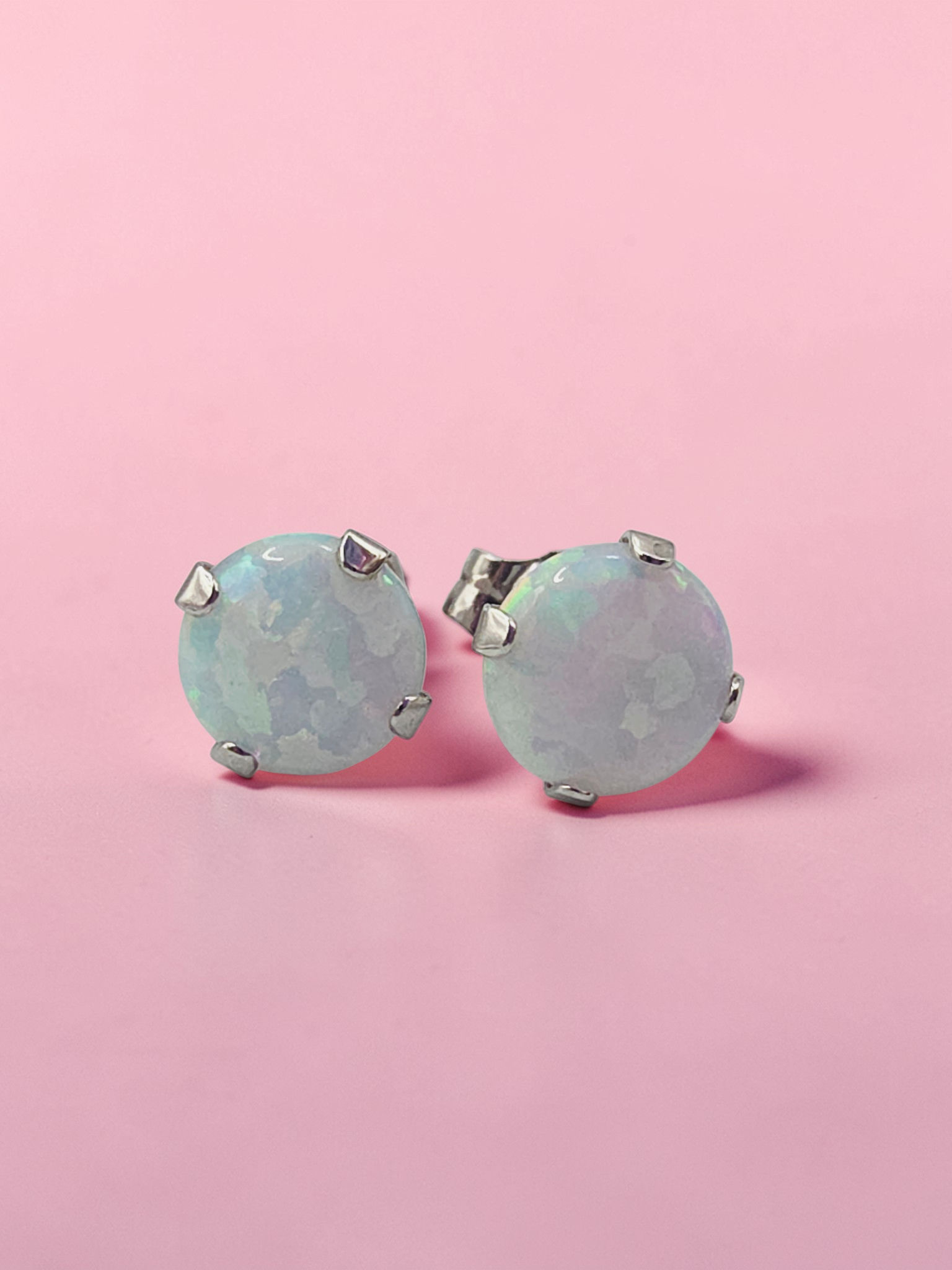 Solid 10K White Gold Opal Stud Earrings Round Cabochon October Birthstone