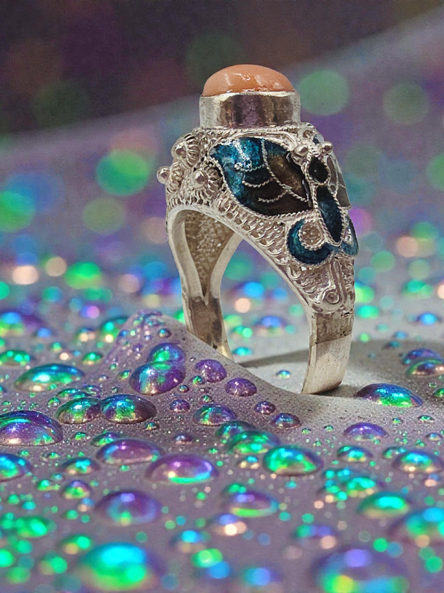 Sterling Silver Salmon Pink Coral Ring with Enamel Butterfly Accents - Size 8