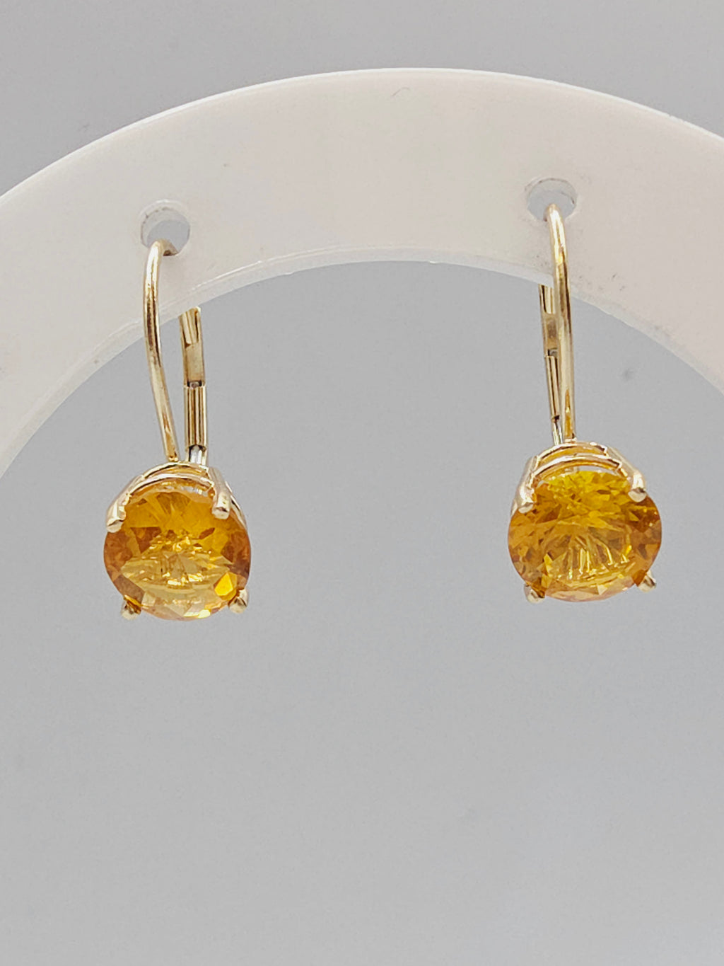 Solid 14K Yellow Gold Round Cut Citrine Leverback Drop Earrings
