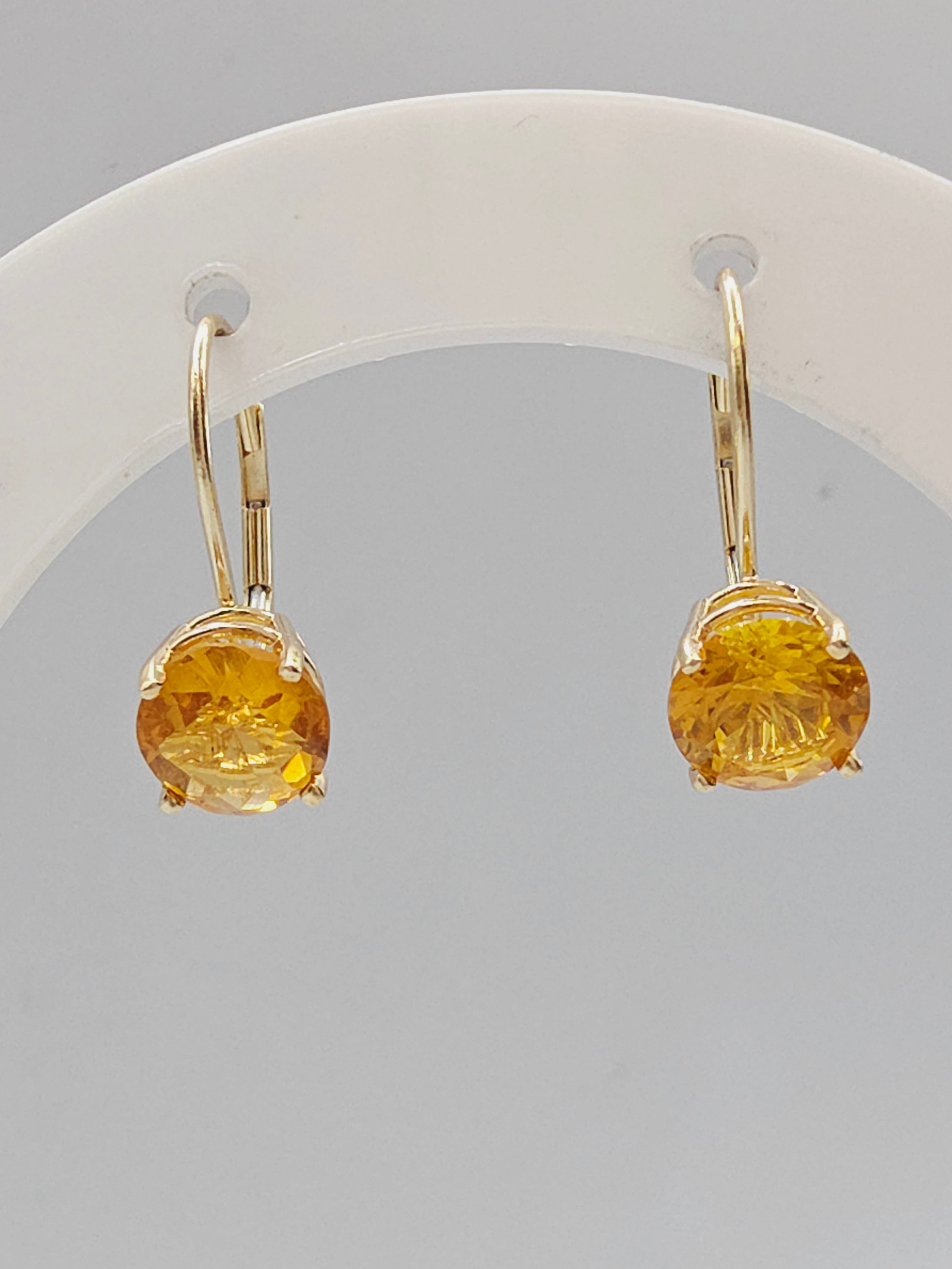 Solid 14K Yellow Gold Round Cut Citrine Leverback Drop Earrings