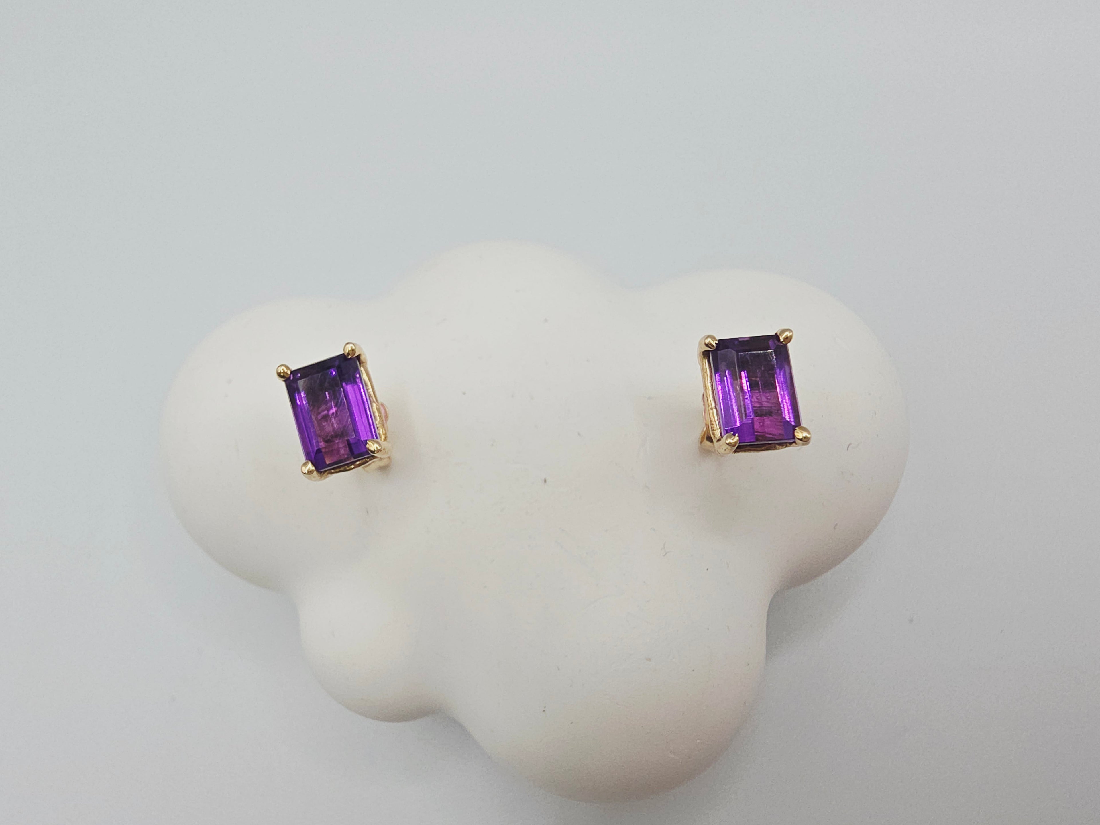 Solid 14K Yellow Gold Emerald Cut Amethyst Stud Earrings