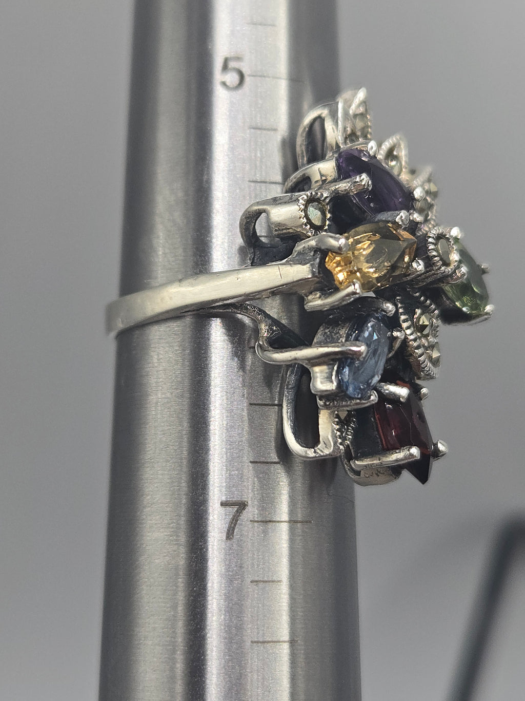 Sterling Silver Ring with Emerald Amethyst Citrine & Aquamarine - Sz 6