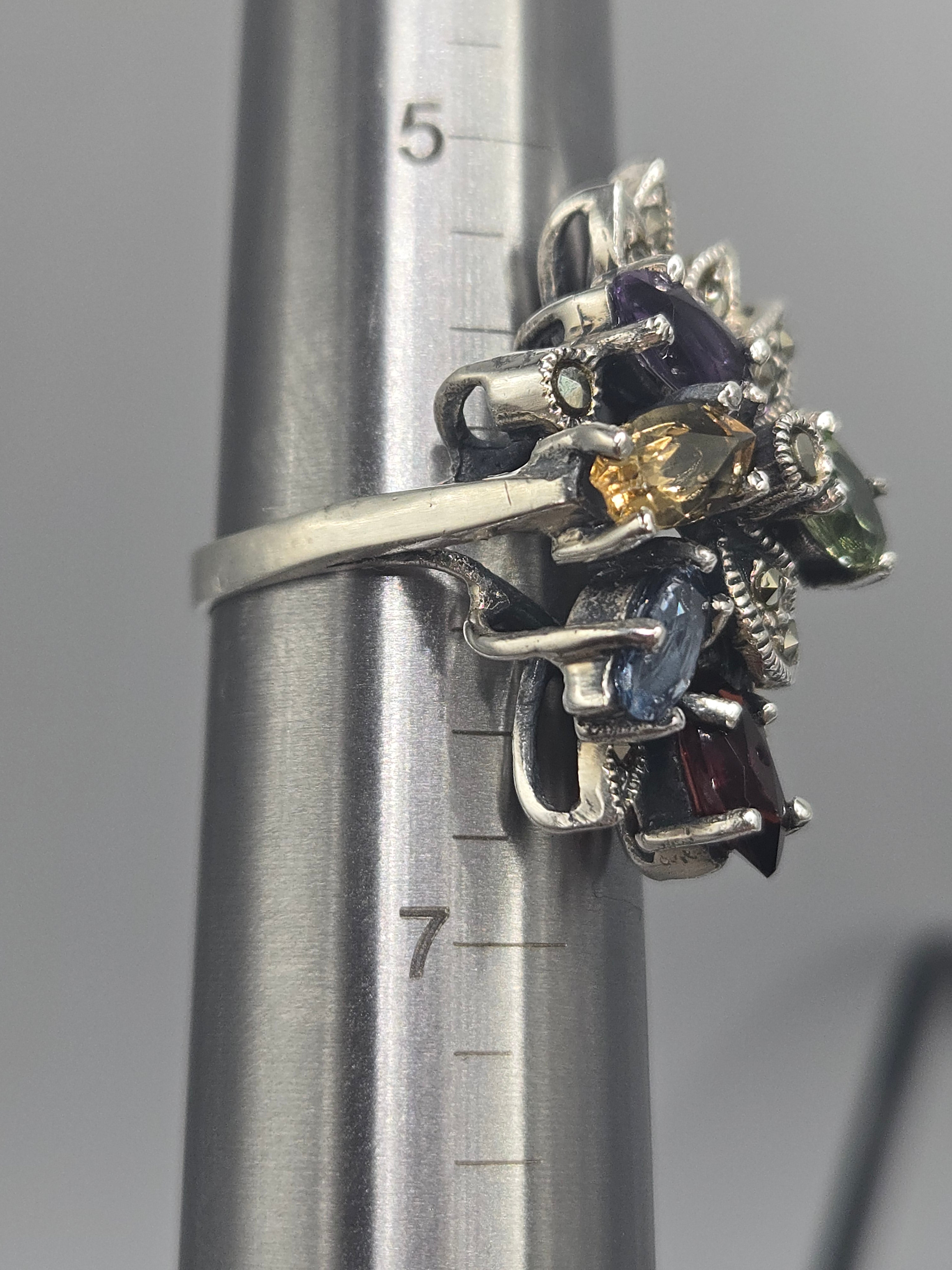 Sterling Silver Ring with Emerald Amethyst Citrine & Aquamarine - Sz 6