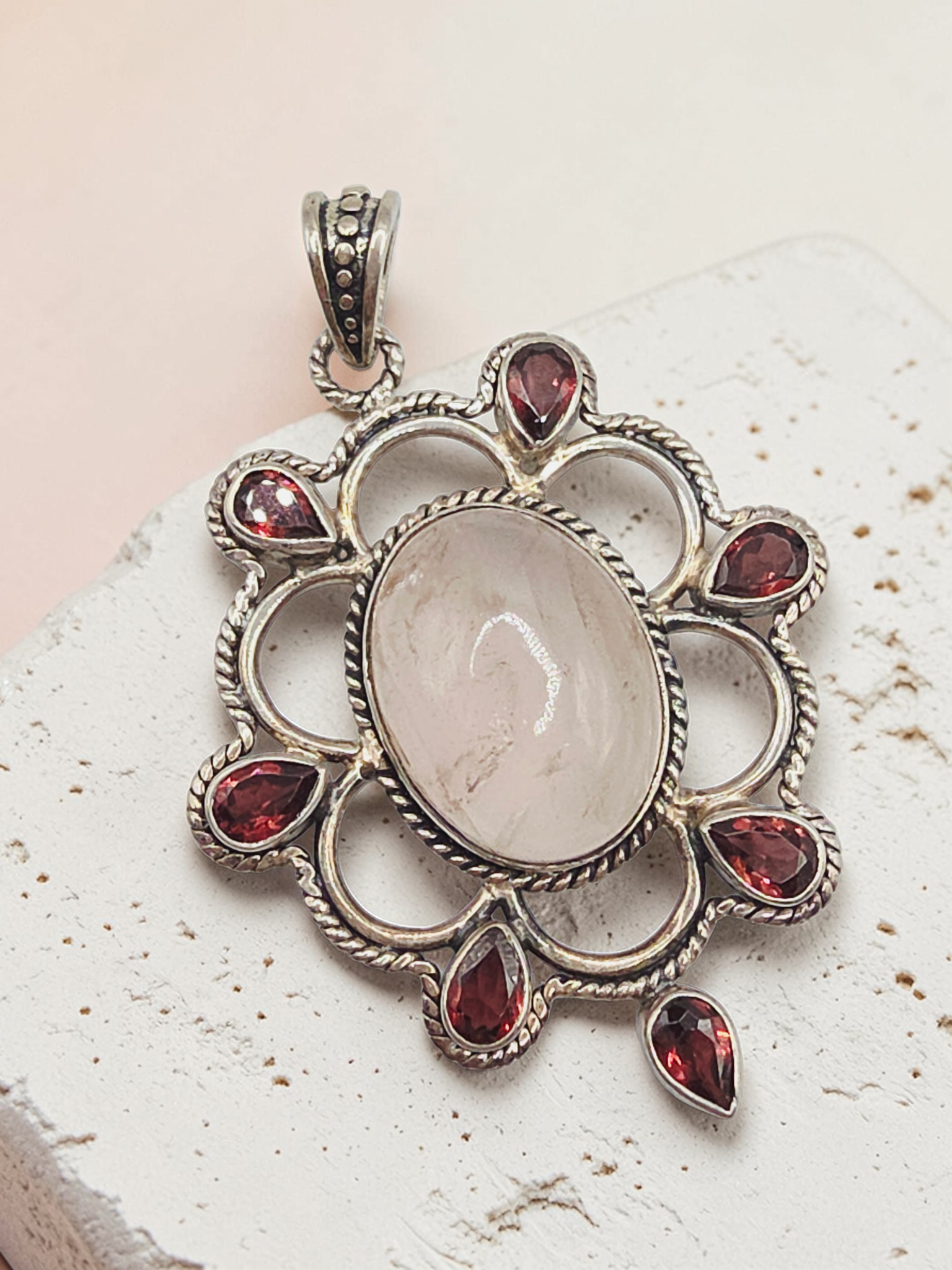 925 Sterling Silver Pendant with Rose Quartz and Rhodolite Garnet Halo