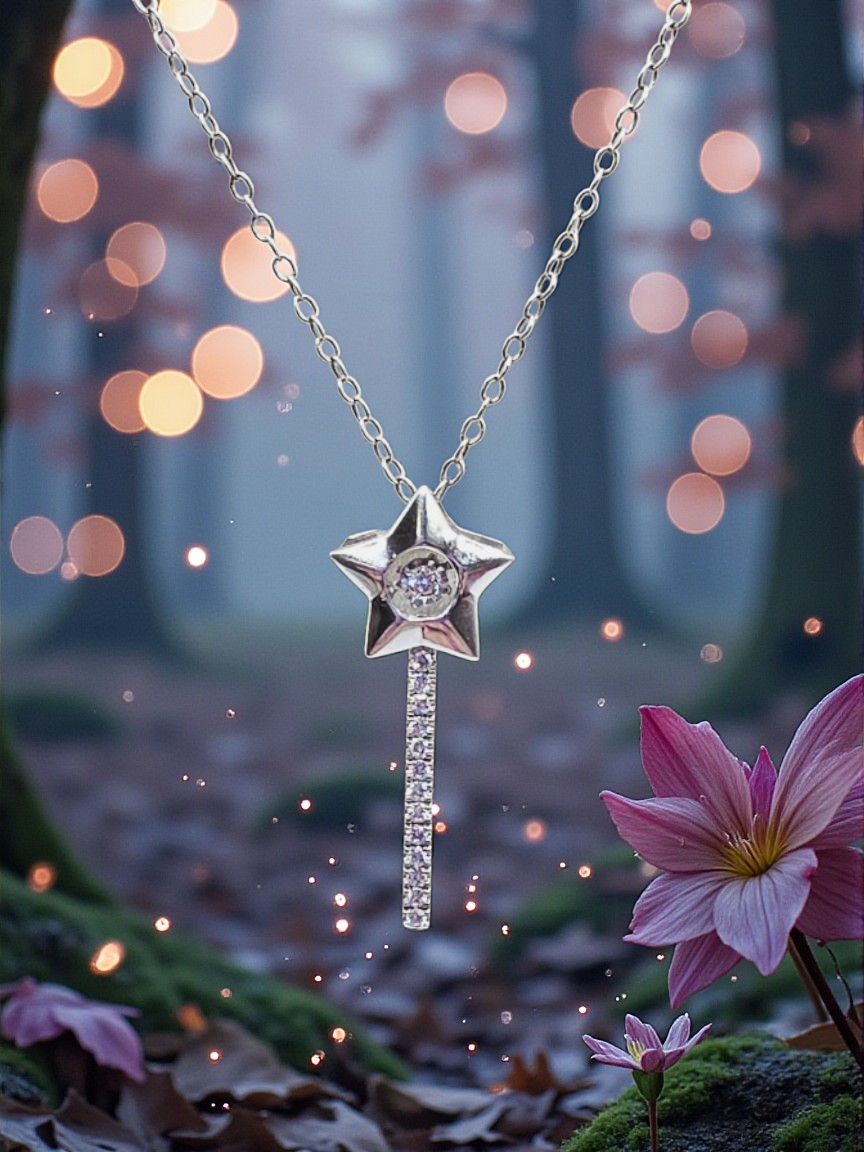 Disney Enchanted Sterling Silver Tinkerbell Wand Diamond Pendant Necklace 18"