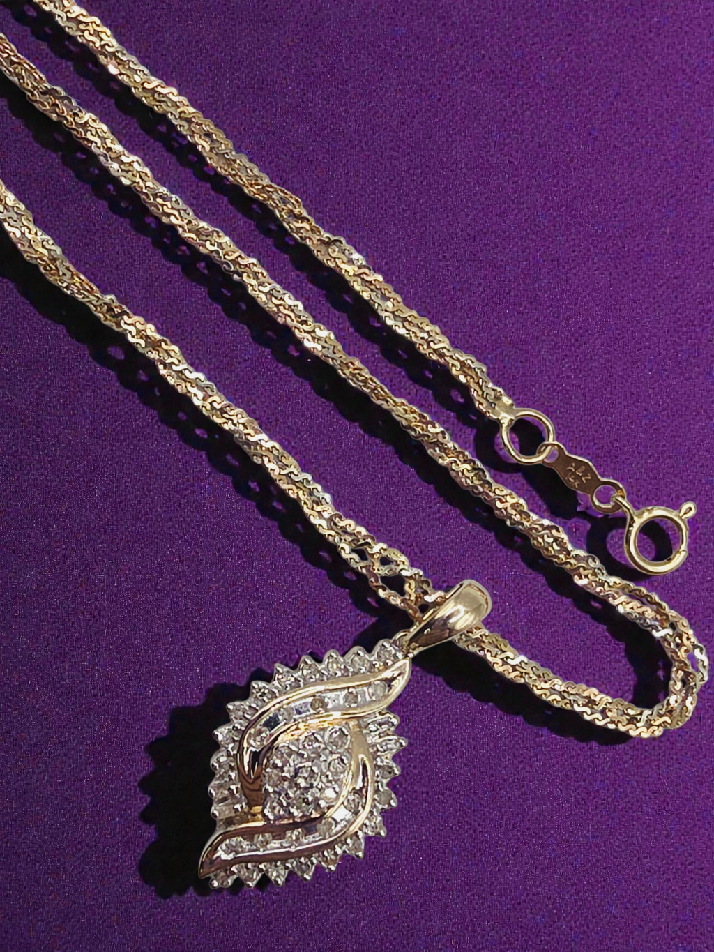 Solid 14K Gold Braided S-Link Chain Necklace with Solid 10K Diamond Pendant