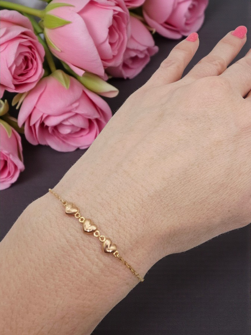 Solid 14K Yellow Gold Bracelet with 3D Rose Gold Hearts - 7.5 Inches