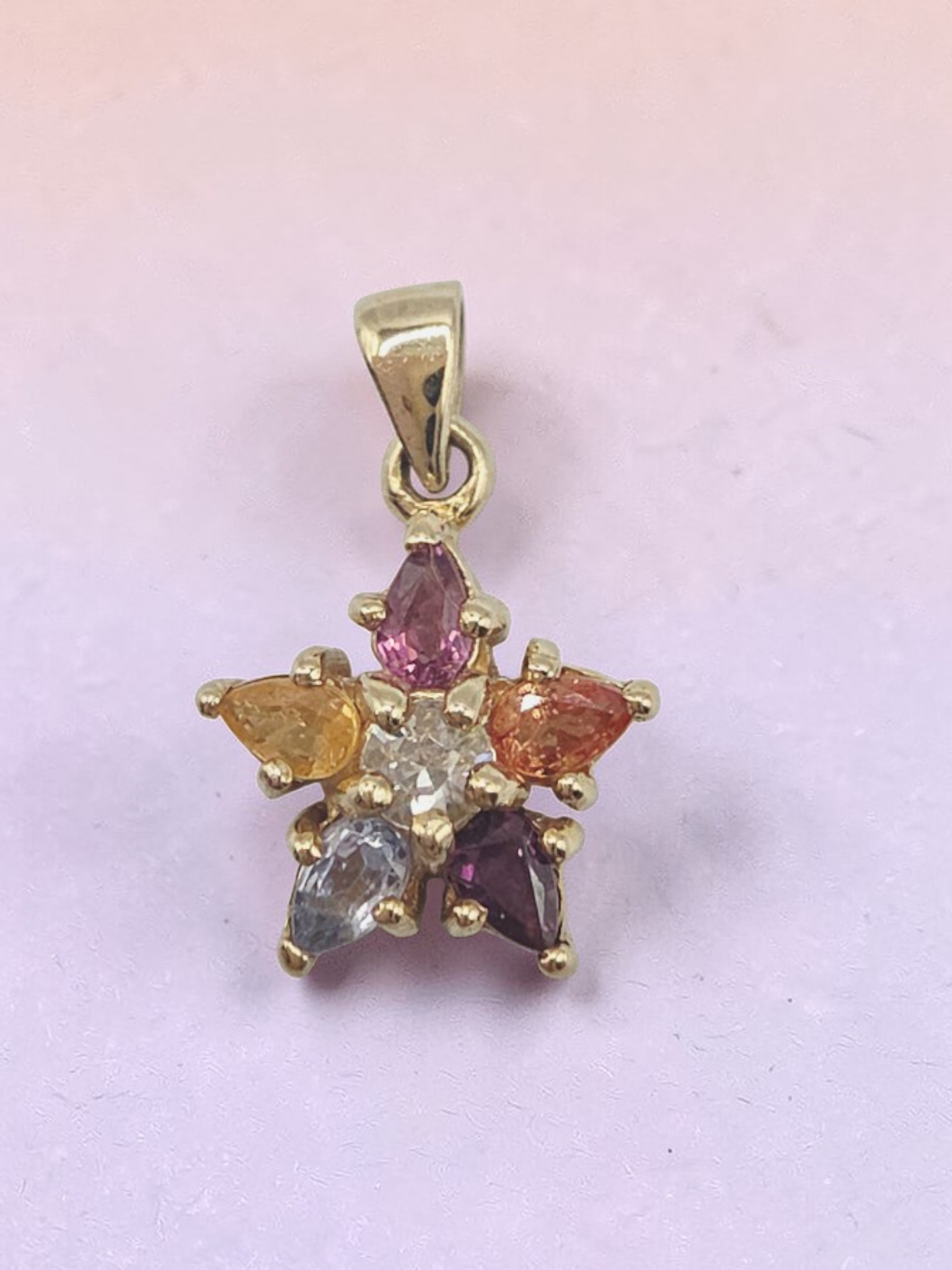 Solid 10K Yellow Gold White Topaz Aquamarine Amethyst Citrine Rhodolite Star Pendant