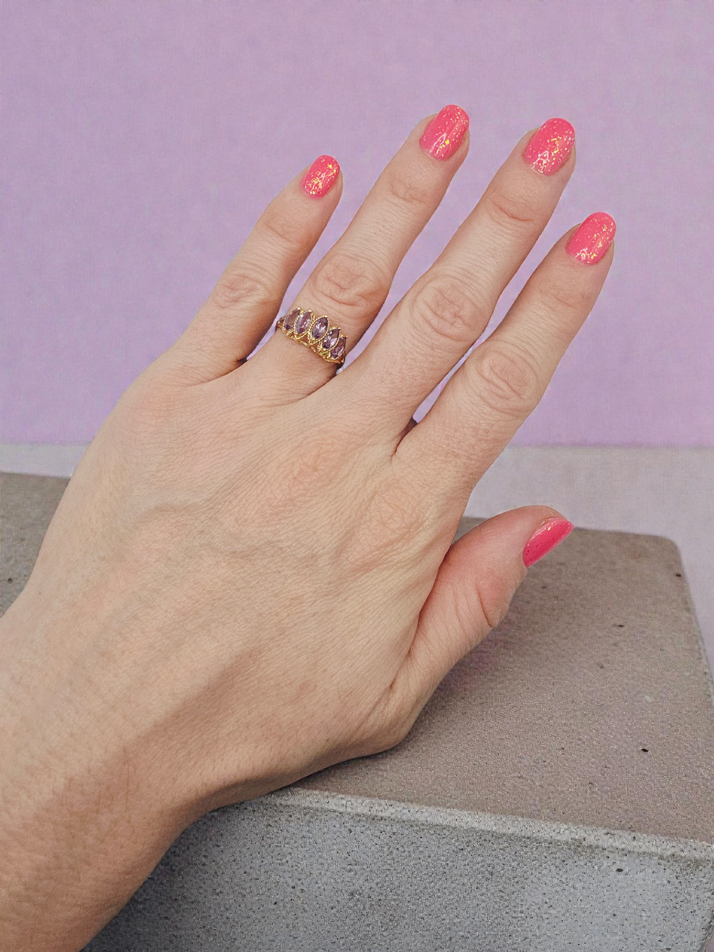 Solid 10K Yellow Gold Ring with Marquise Cut Amethysts Size 7