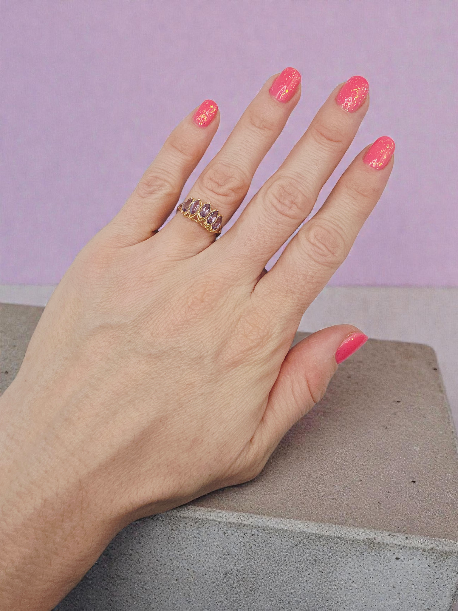 Solid 10K Yellow Gold Ring with Marquise Cut Amethysts Size 7