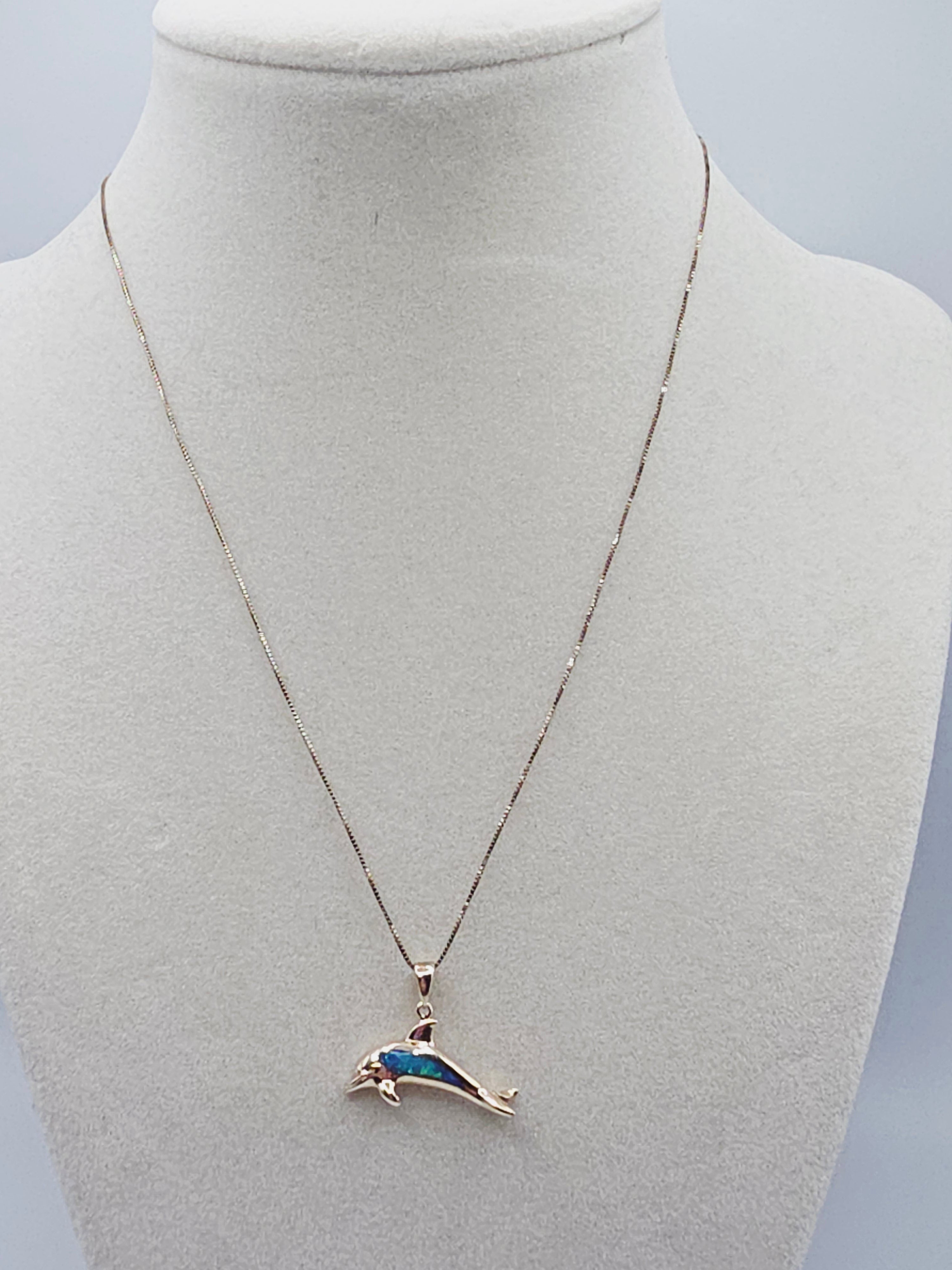 Solid 14K Yellow Gold Necklace with Opal Dolphin Pendant 17 Inches