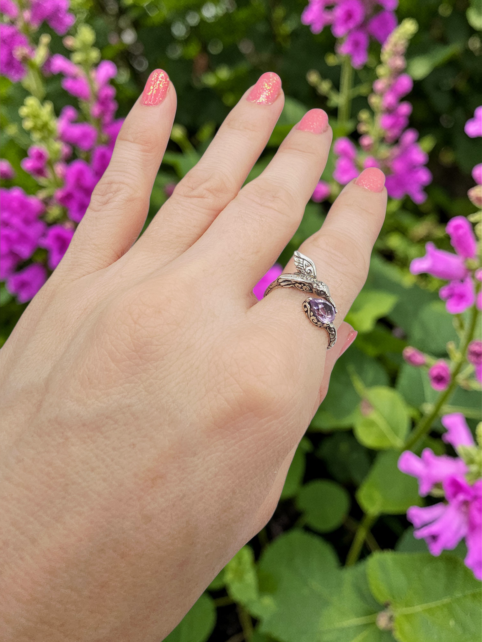 925 Sterling Silver Ring with Pear Cut Amethyst & Hummingbird - Size 8