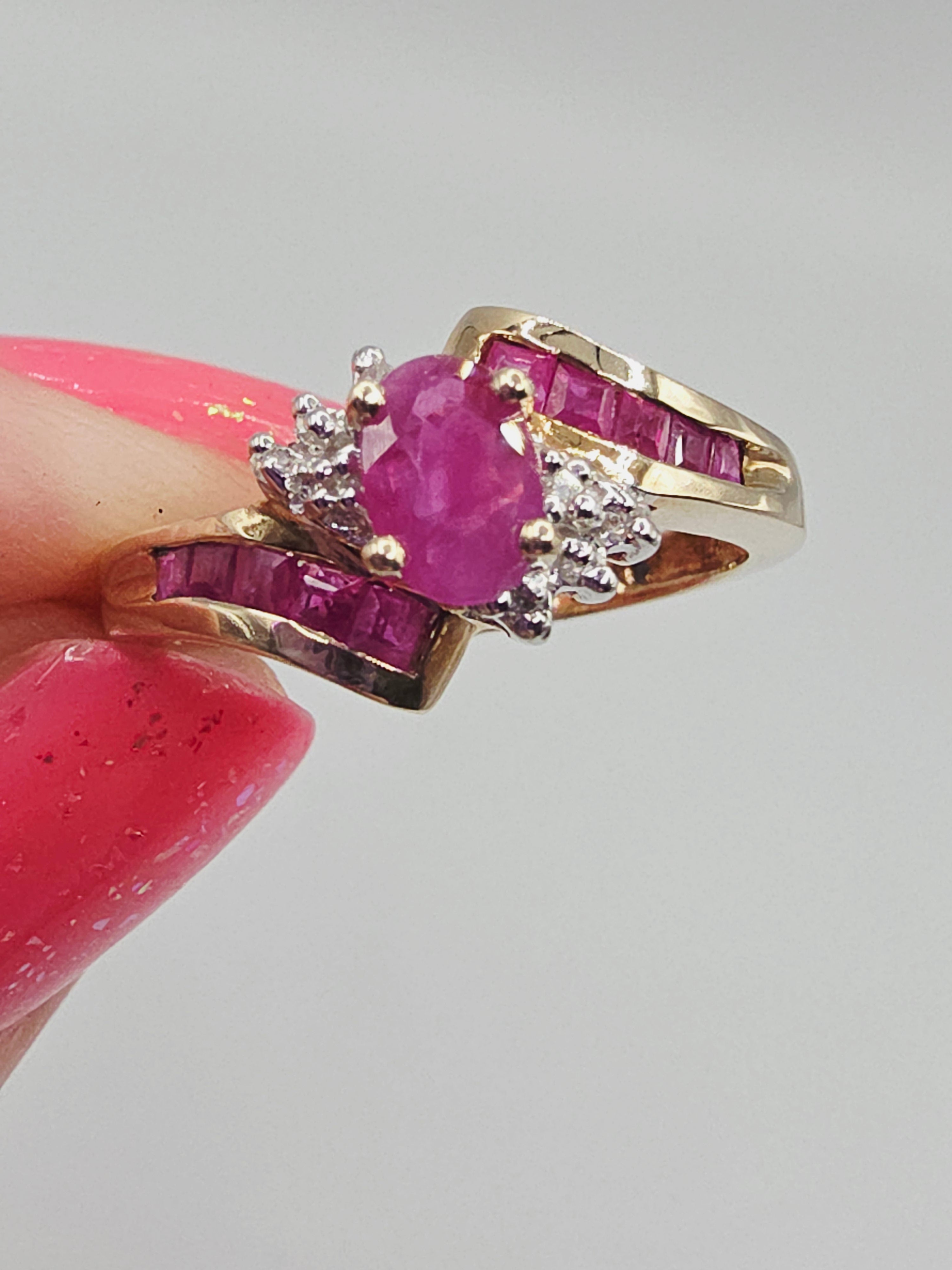 Solid 10K Yellow Gold Ring with Oval-Cut Ruby and Ruby & Diamond Accents - Size 7