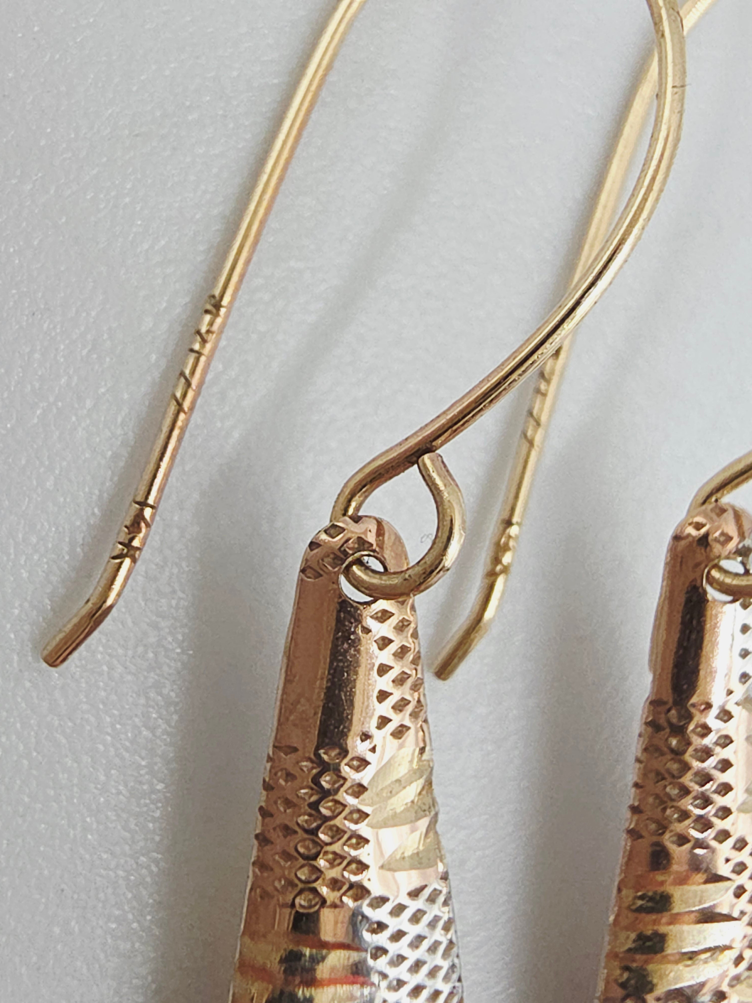 Solid 14K Two Tone Textured Gold Drop Dangle Earrings