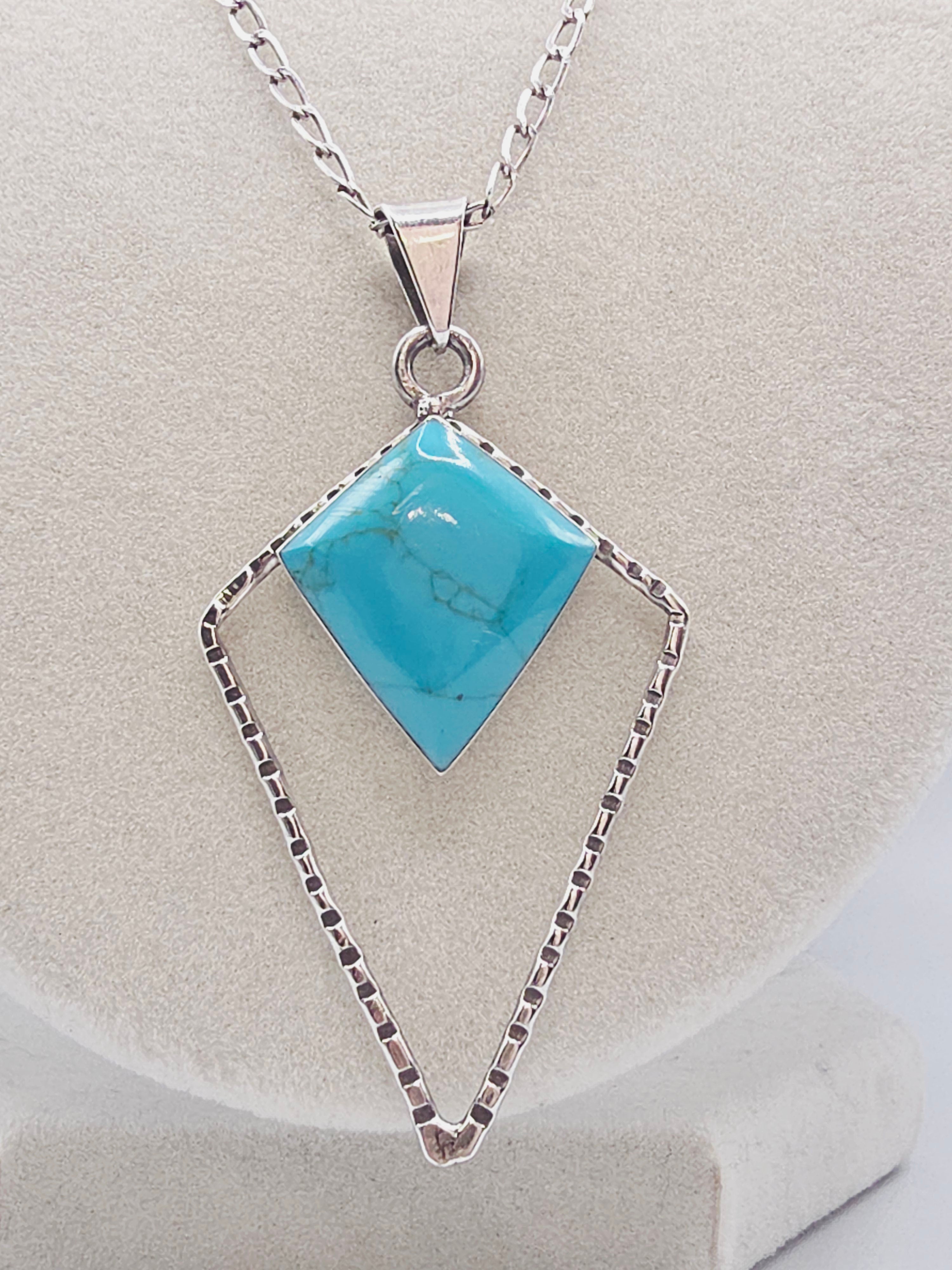 925 Sterling Silver Turquoise Geometric Pendant Necklace - Adjustable