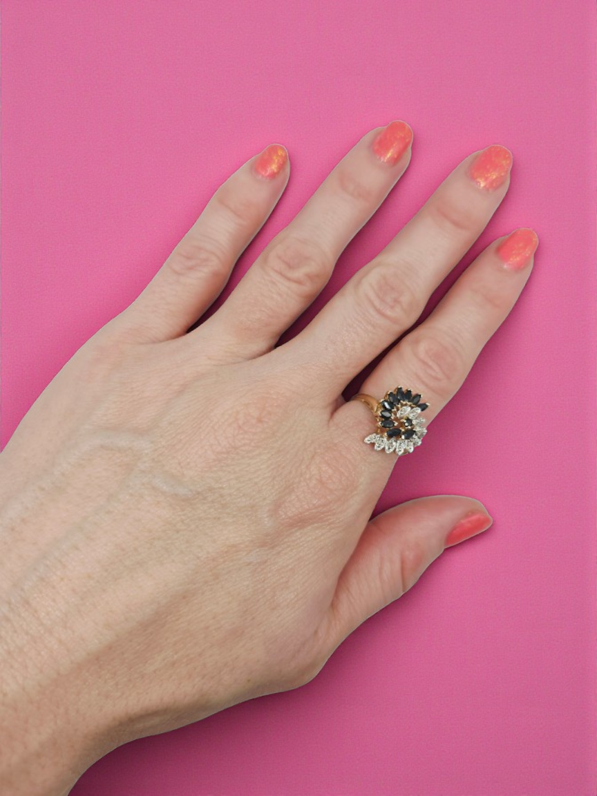 Solid 10K Yellow Gold Ring with Blue Sapphire and Diamond Cluster - Size 7