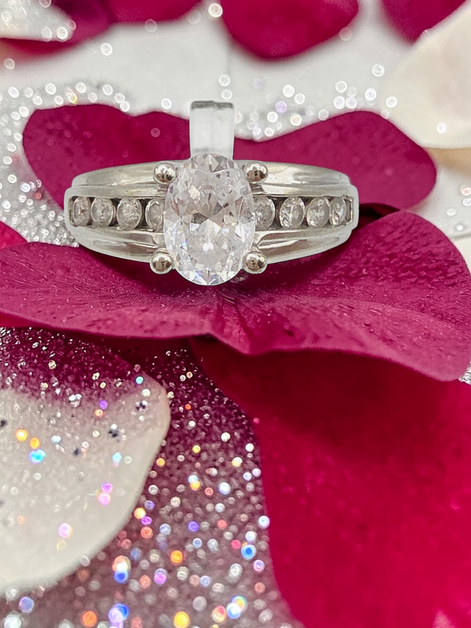 Solid 14K White Gold Oval-Cut CZ Ring with Channel Set Accents – Size 6