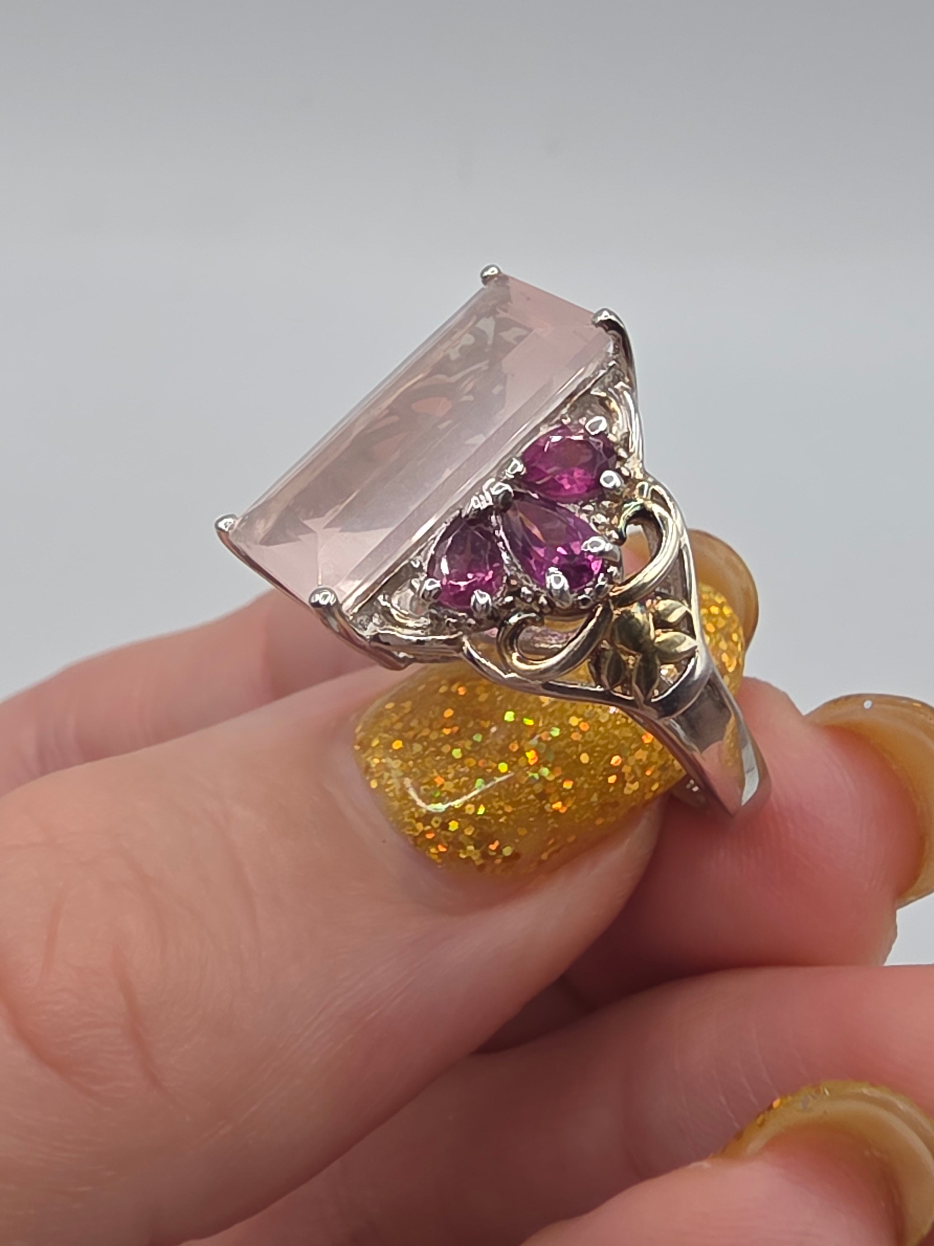 STS Jewels Sterling Silver Pink Quarts & Rhodolite Ring 18K Gold Accents Size 7