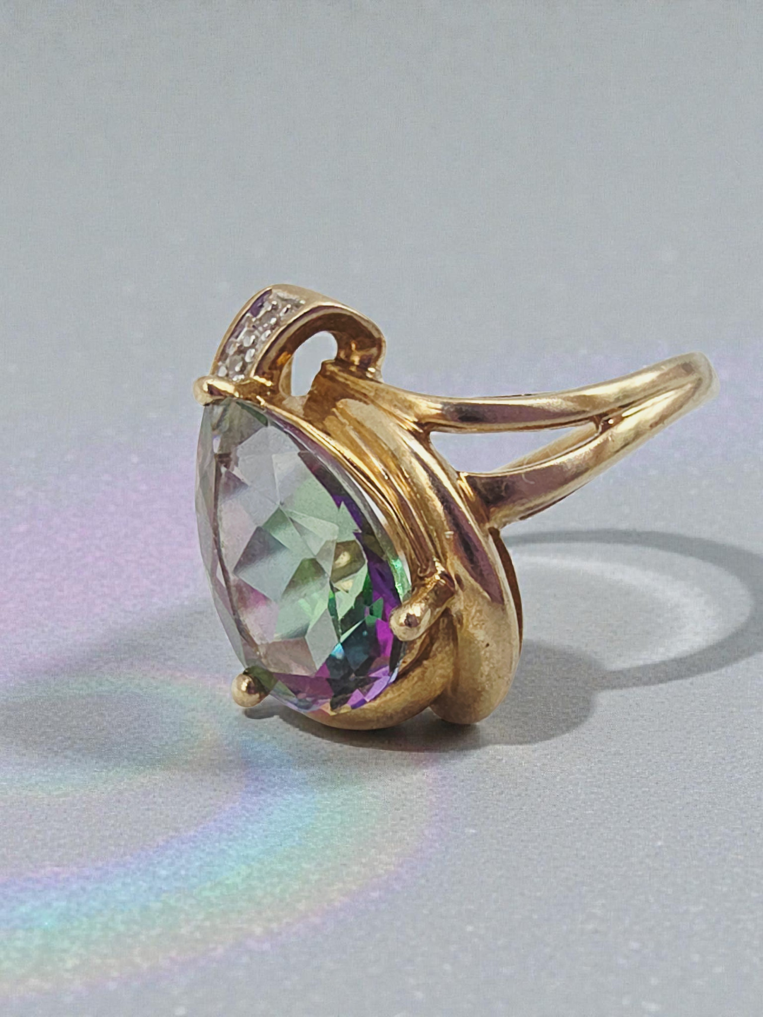 Solid 10K Yellow Gold Ring with Pear Cut Mystic Topaz and Diamond Accents Size 9