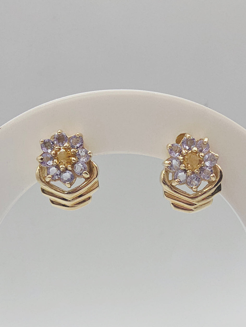 Solid 10K Yellow Gold Citrine & Tanzanite Floral Stud Earrings