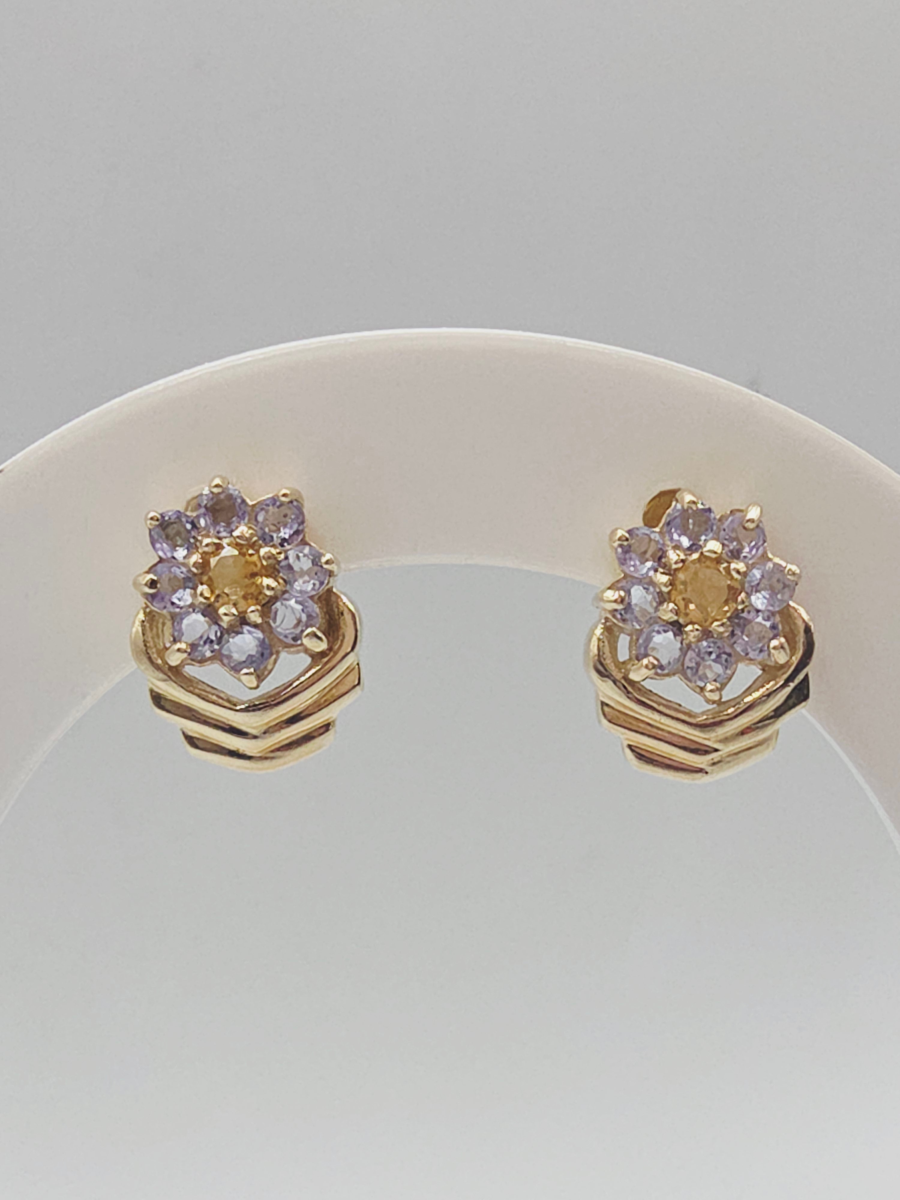 Solid 10K Yellow Gold Citrine & Tanzanite Floral Stud Earrings