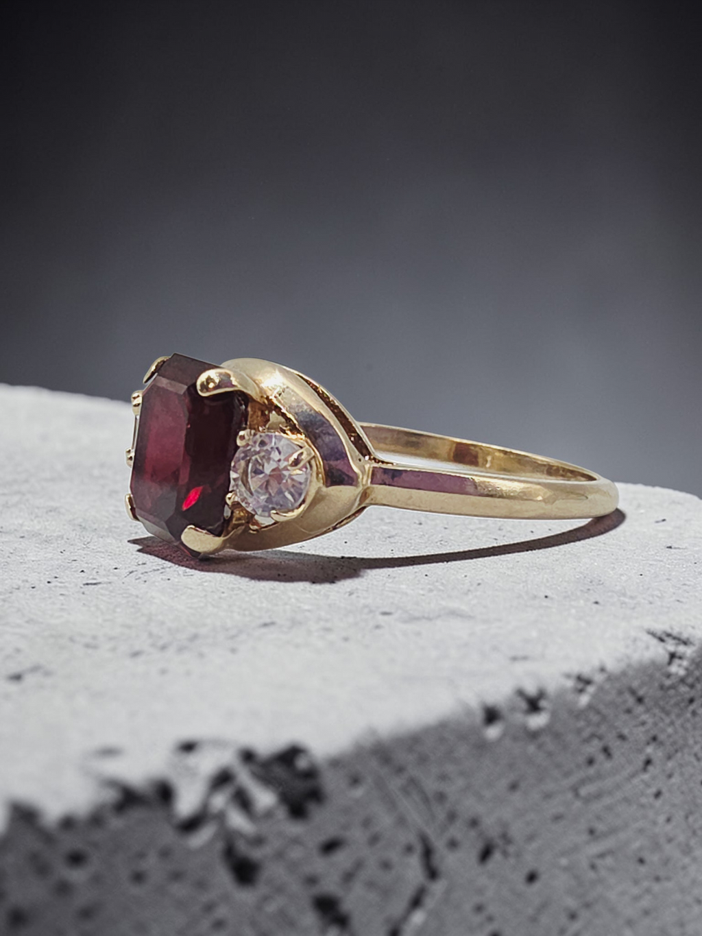 Solid 10K Yellow Gold Ring with Emerald-Cut Ruby & White Topaz Accents – Size 7