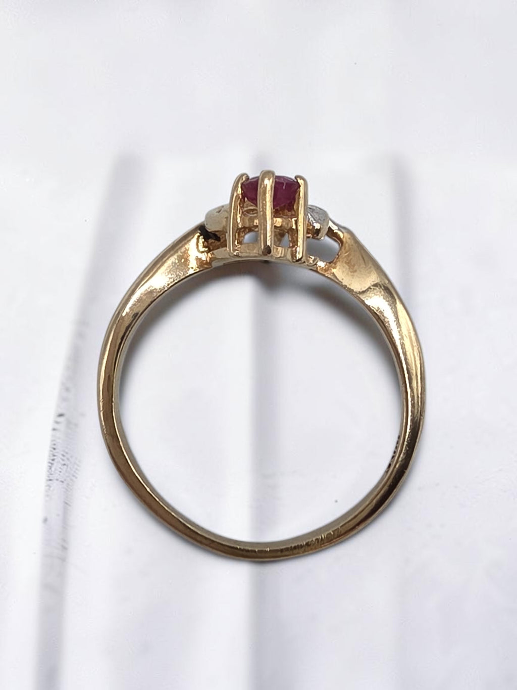 Solid 10K Yellow Gold Ruby Flower and Diamond Leaf Swirl Ring - Size 4