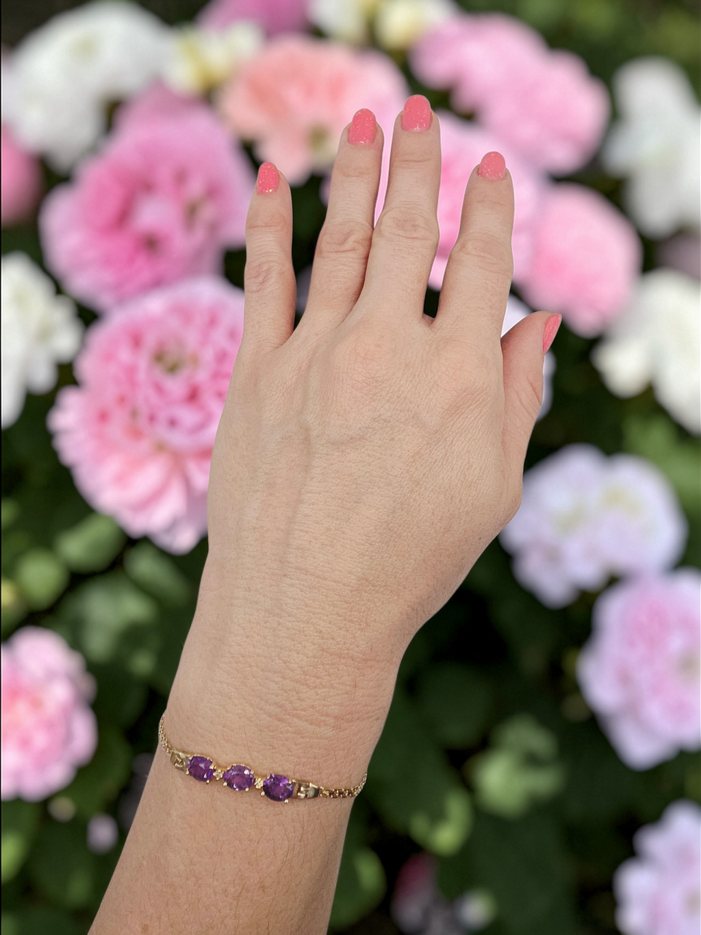Vintage ATL Solid 14K Yellow Gold Bracelet with Amethyst & White Topaz 7.5 Inch
