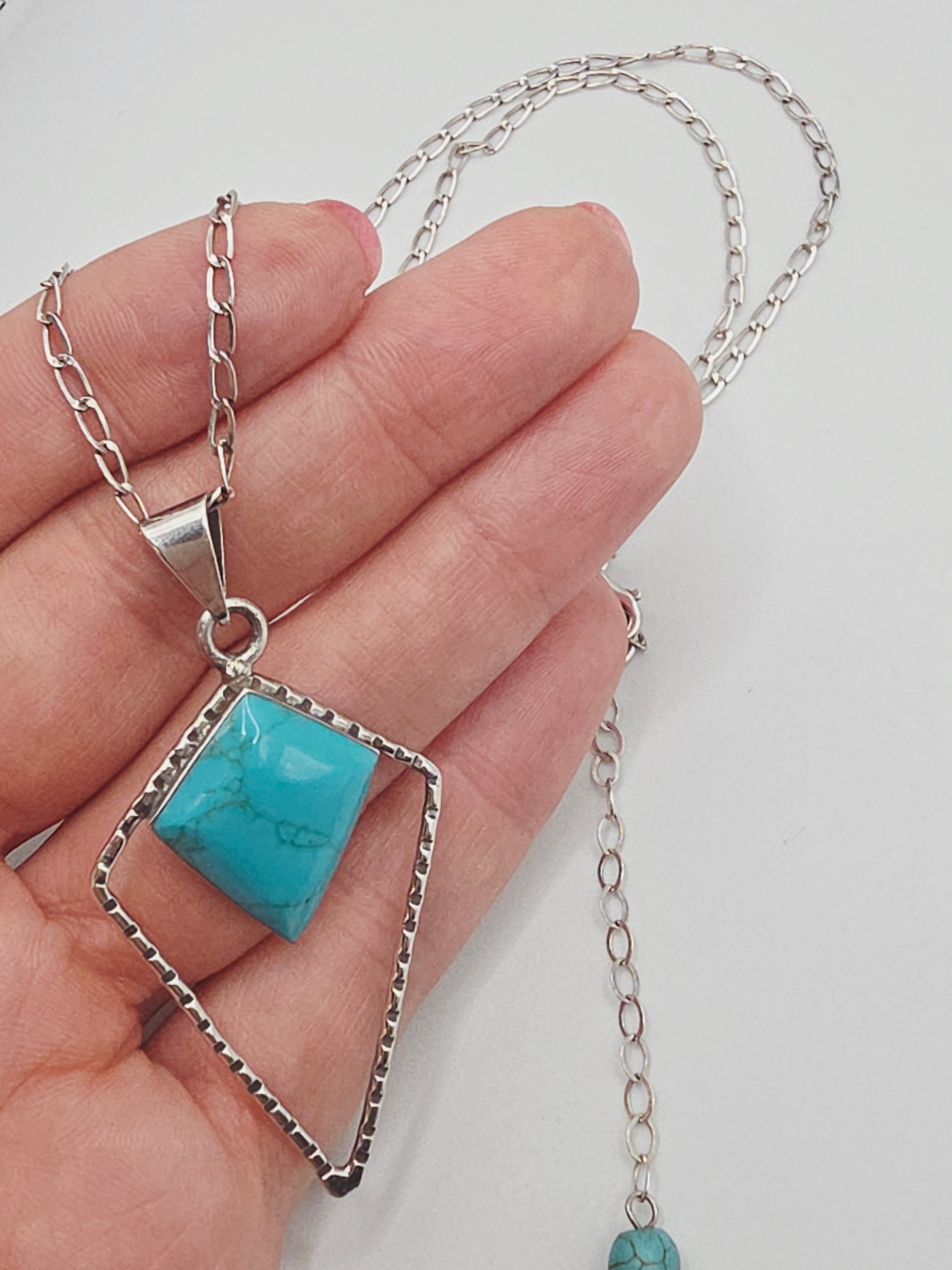 925 Sterling Silver Turquoise Geometric Pendant Necklace - Adjustable
