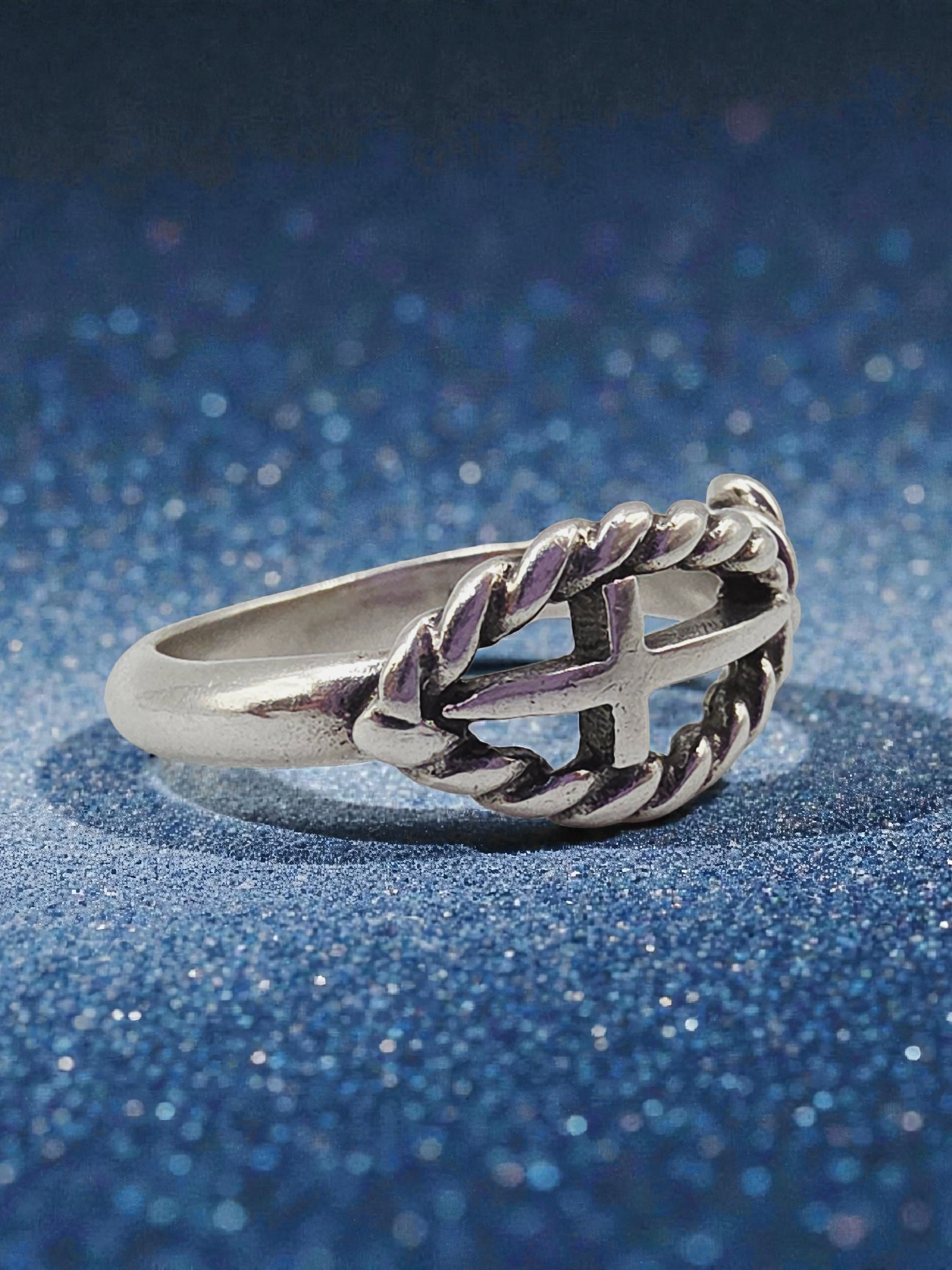 RETIRED James Avery Twisted Cable Ichthus Cross Silver Ring - Sz 5