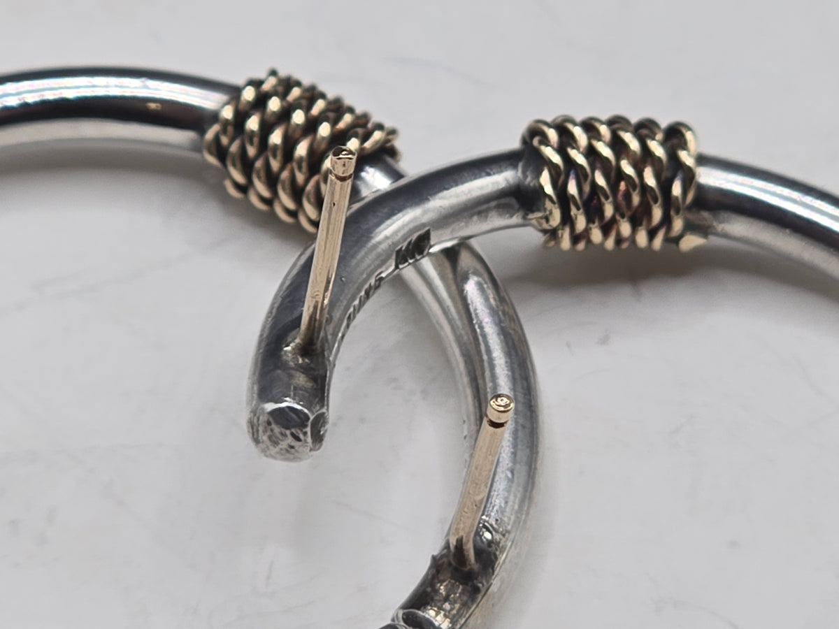 925 Sterling Silver Solid 14K Gold Bali Style Two Tone Rope Wrap Hoop Earrings