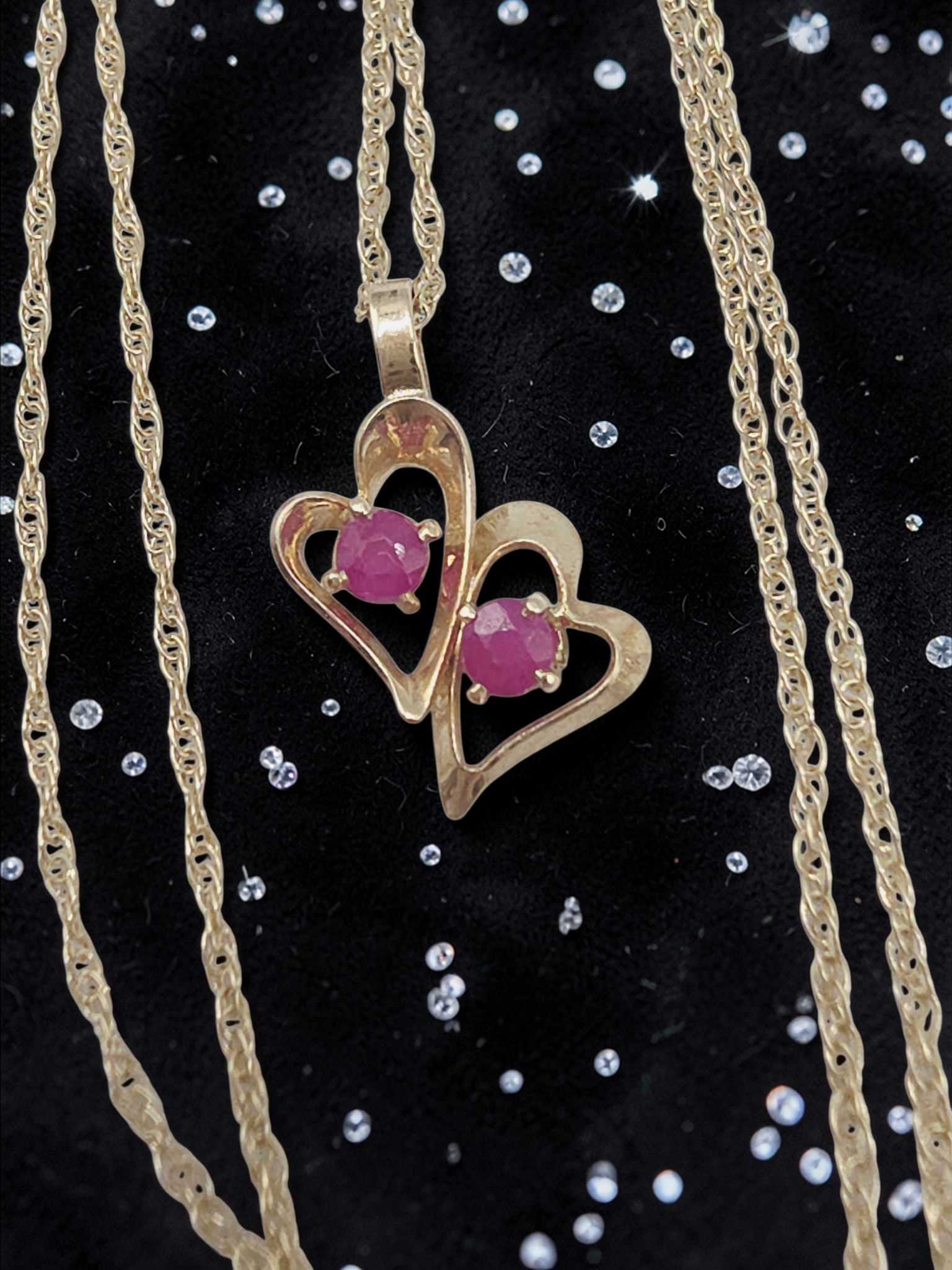 Solid 14K Yellow Gold Double Ruby Heart Pendant Necklace - 18 Inch