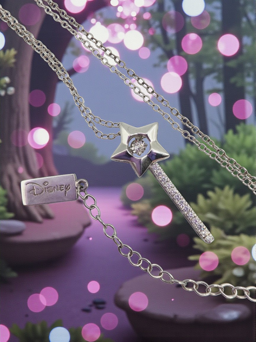 Disney Enchanted Sterling Silver Tinkerbell Wand Diamond Pendant Necklace 18"