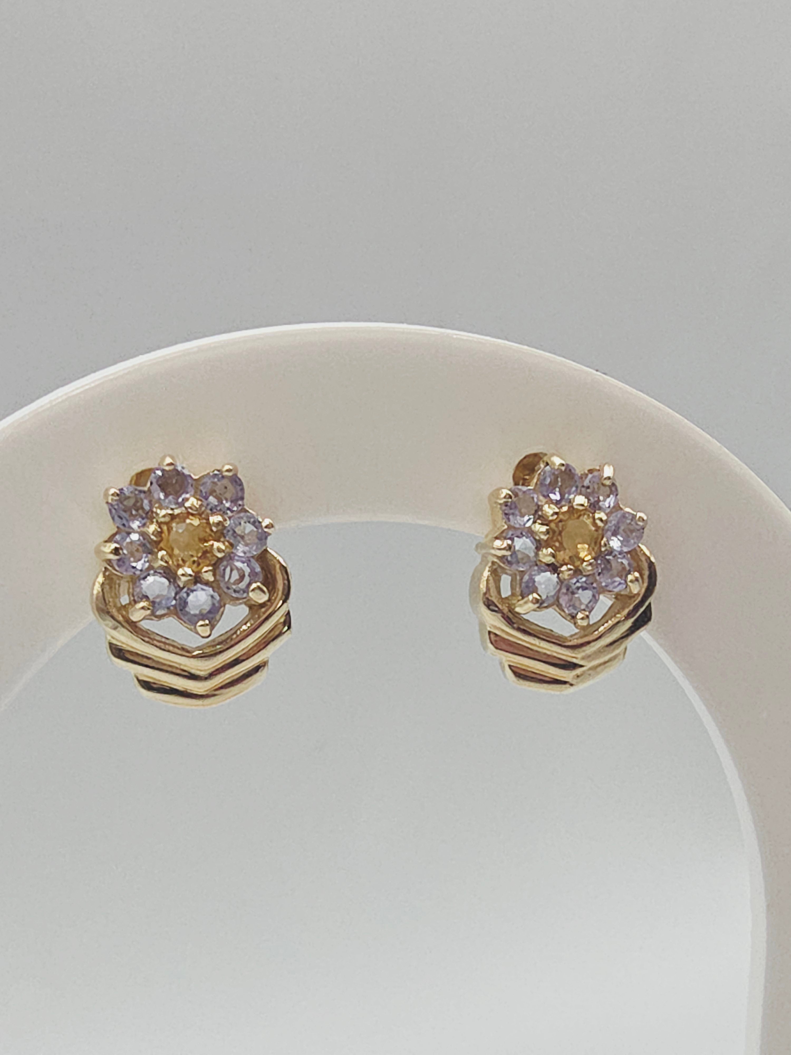 Solid 10K Yellow Gold Citrine & Tanzanite Floral Stud Earrings