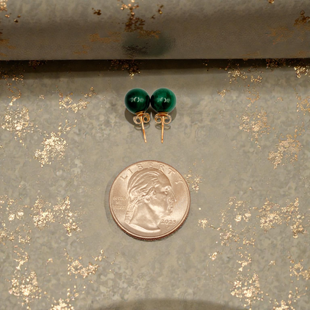Solid 14K Yellow Gold Stud Earrings with Round Cut Jade