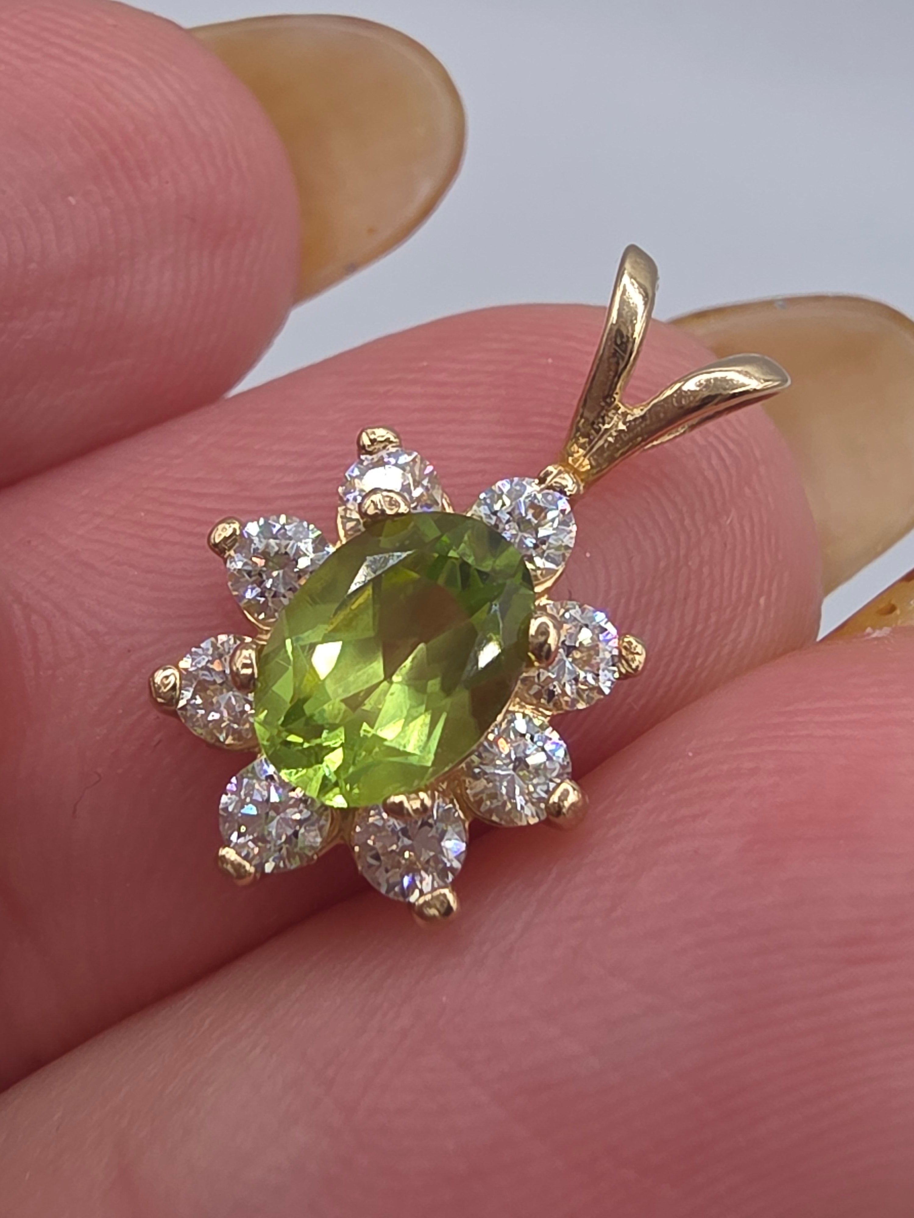 Solid 14K Yellow Gold Oval Peridot Pendant with CZ Halo