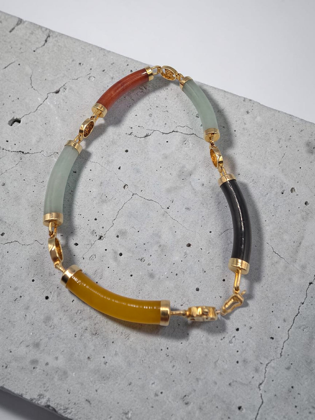 Rainbow Multi Color Jade Sterling Silver 18K Gold Vermeil Bracelet 8 Inch